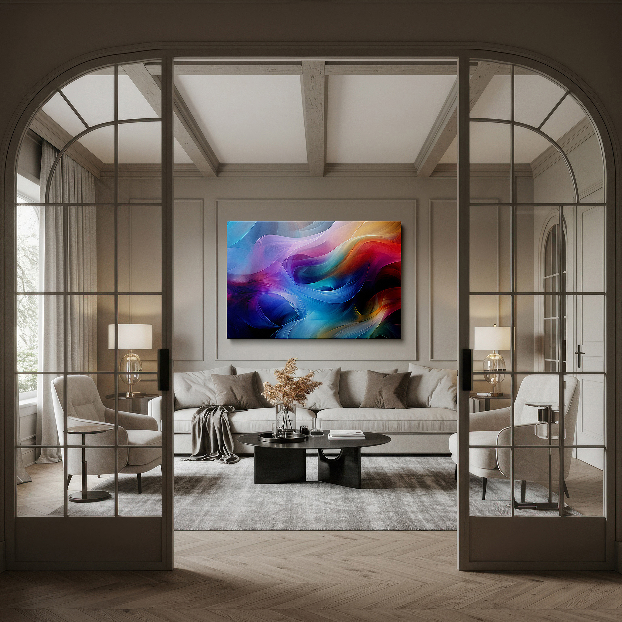 Mounted in a loft-style interior with exposed brick walls — tranquil landscapes in serene pastel hues and soft abstract shapes for peaceful reflection - large canvas wall art for home and office decor