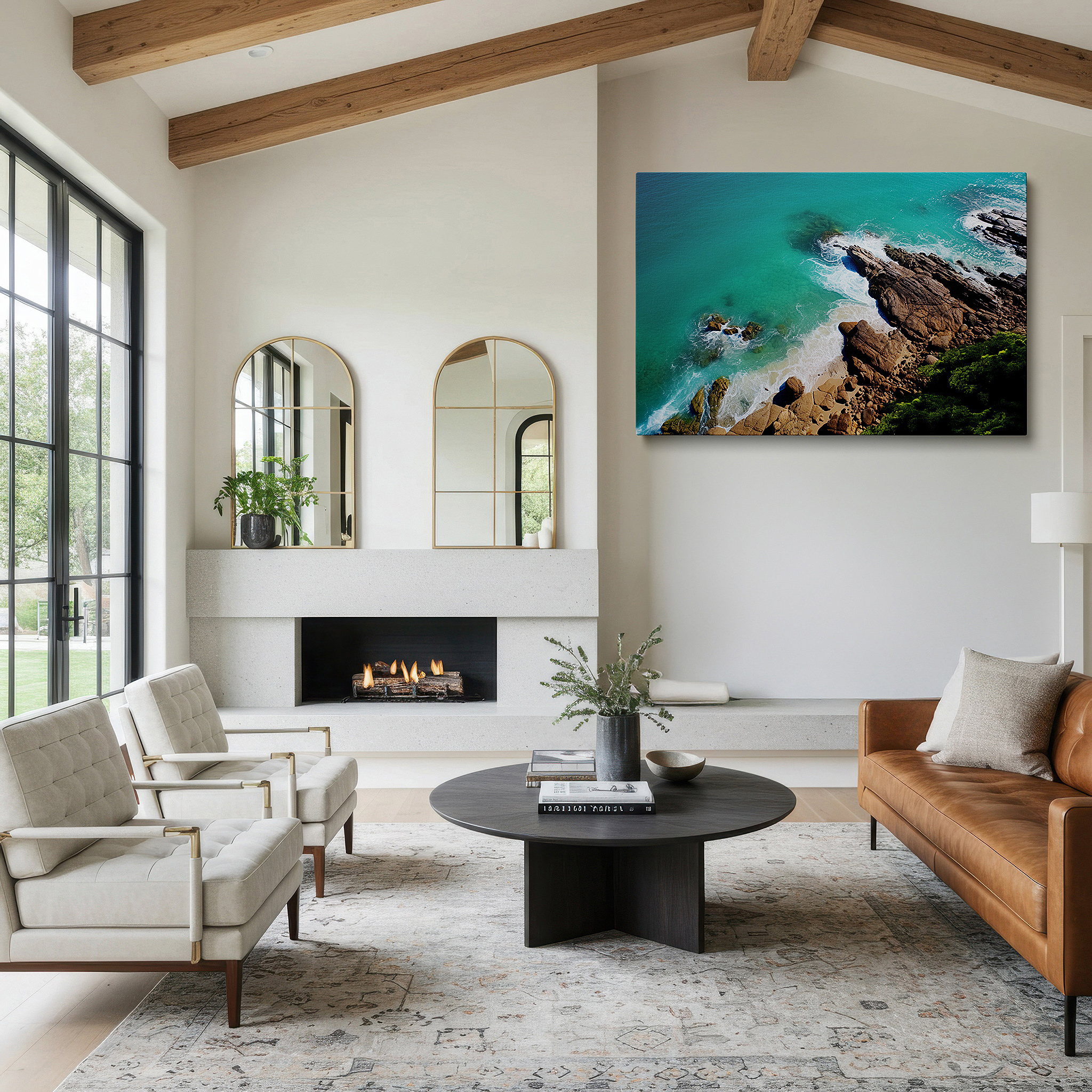 Mounted in a loft-style interior with exposed brick walls — tranquil nature's symphony: turquoise waters and rocky shores large wall art, canvas decor for office, bedroom, and living spaces