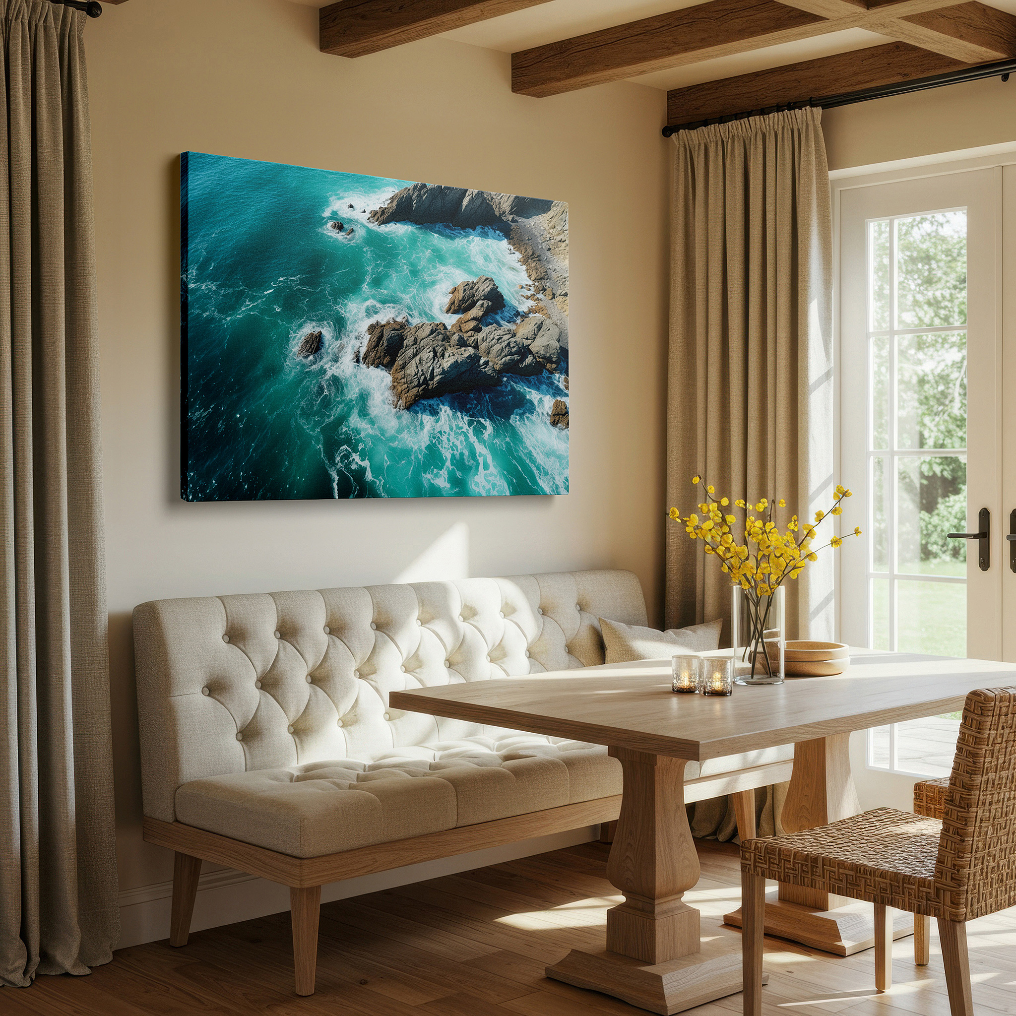 Mounted in a loft-style interior with exposed brick walls — tranquil rocky coastline aerial view canvas print - azure waves and rugged cliffs wall art for office, bedroom, and home decor