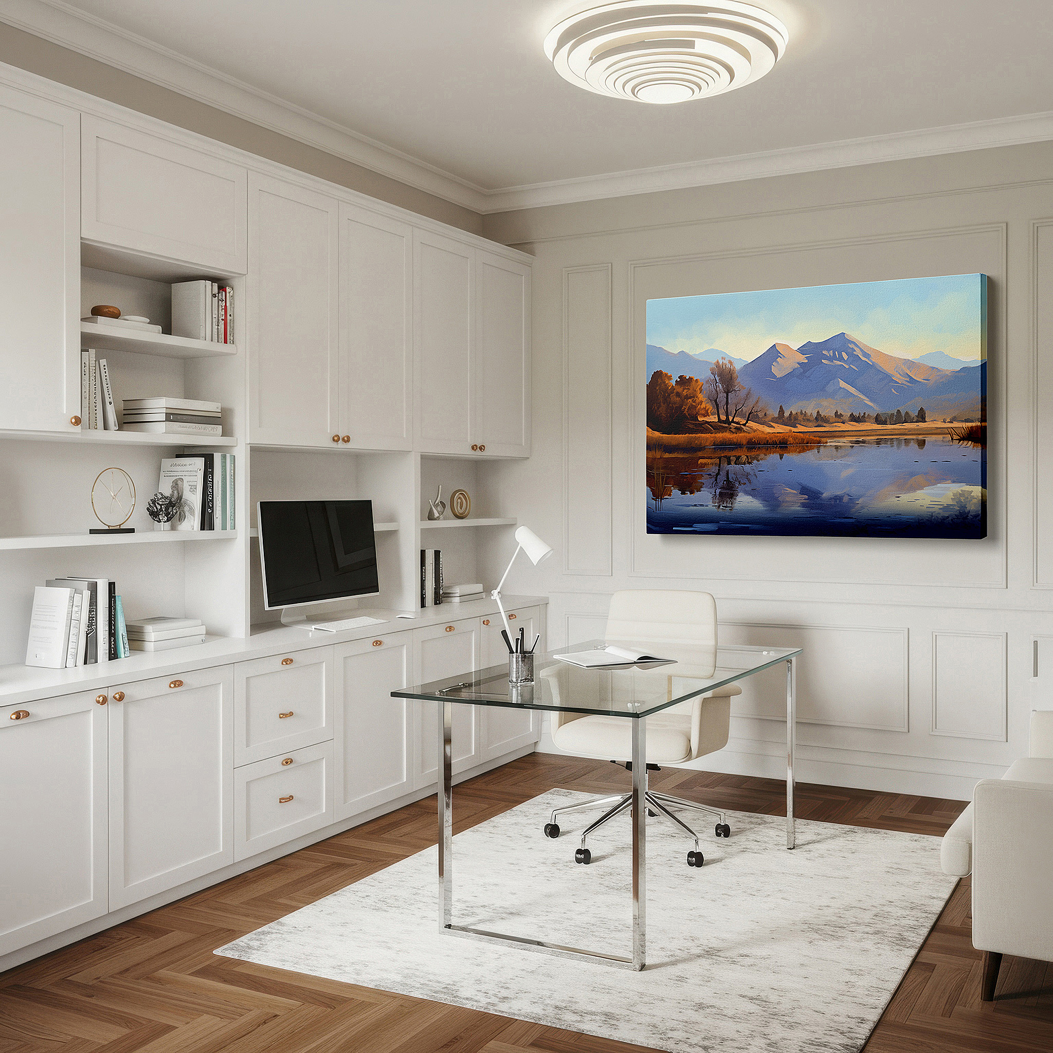 Mounted in a loft-style interior with exposed brick walls — tranquil waters and majestic mountains wall art: a gateway to serenity - large canvas art for home and office decor, perfect for living rooms and bedrooms