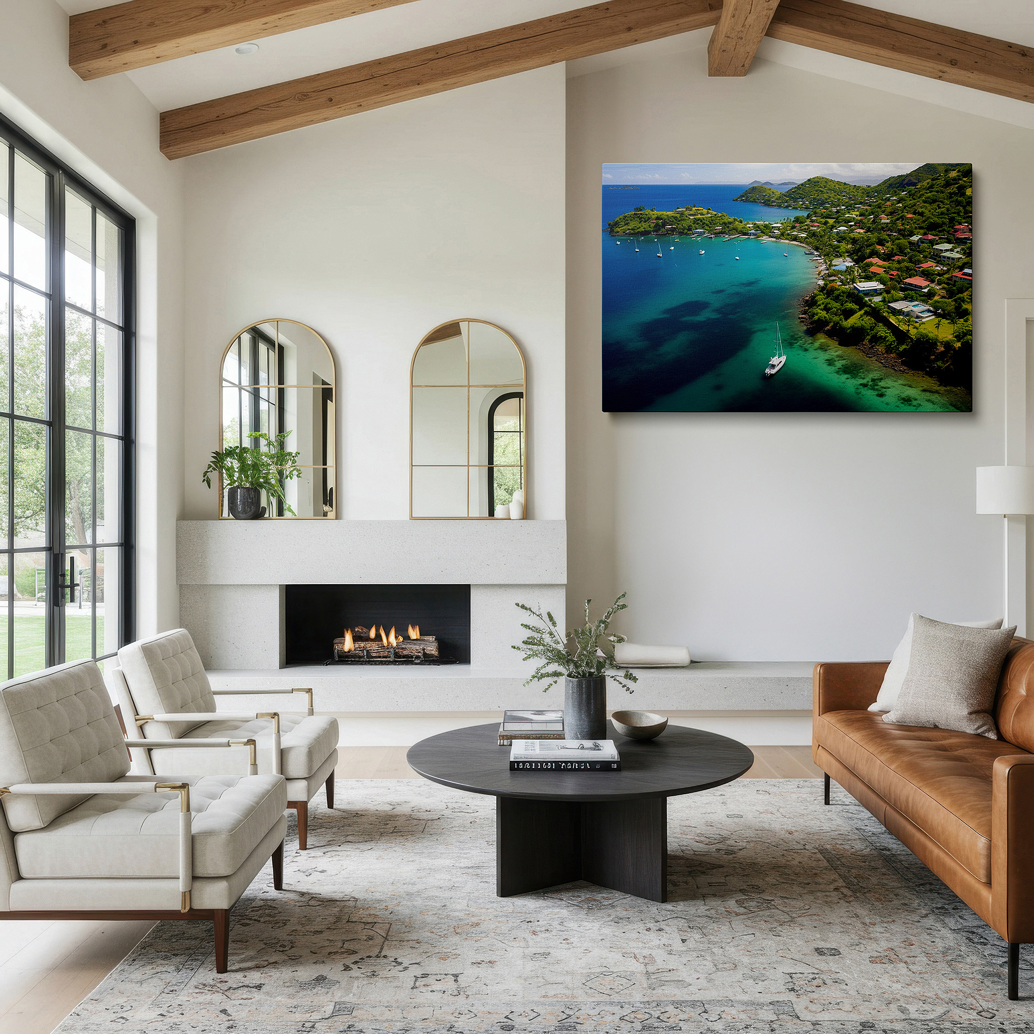 Mounted in a loft-style interior with exposed brick walls — tropical coastline aerial view canvas wall art featuring azure waters and lush greenery for office and bedroom decor