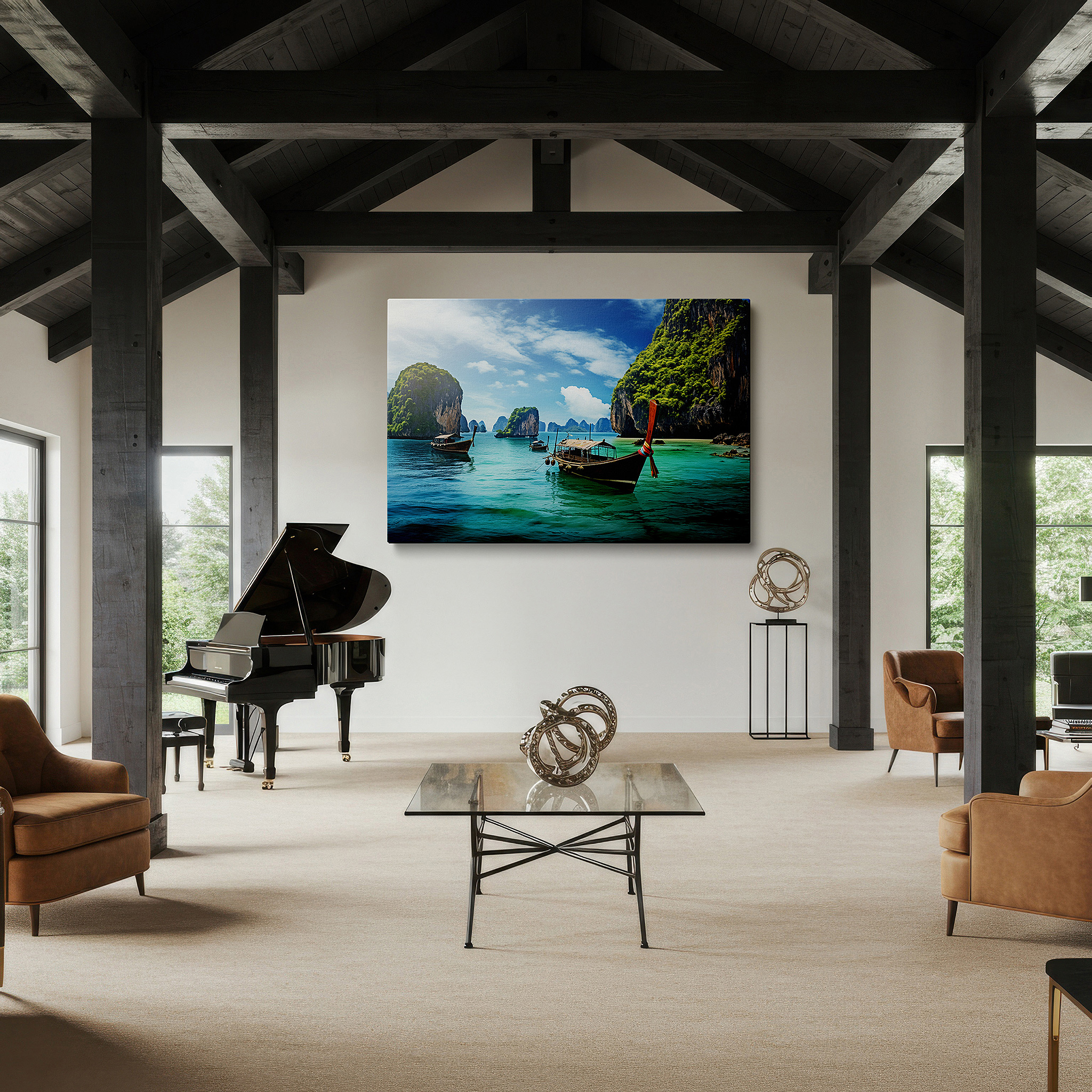 Mounted in a loft-style interior with exposed brick walls — tropical paradise canvas: serene waters and majestic limestone cliffs - large wall art for office and bedroom decor