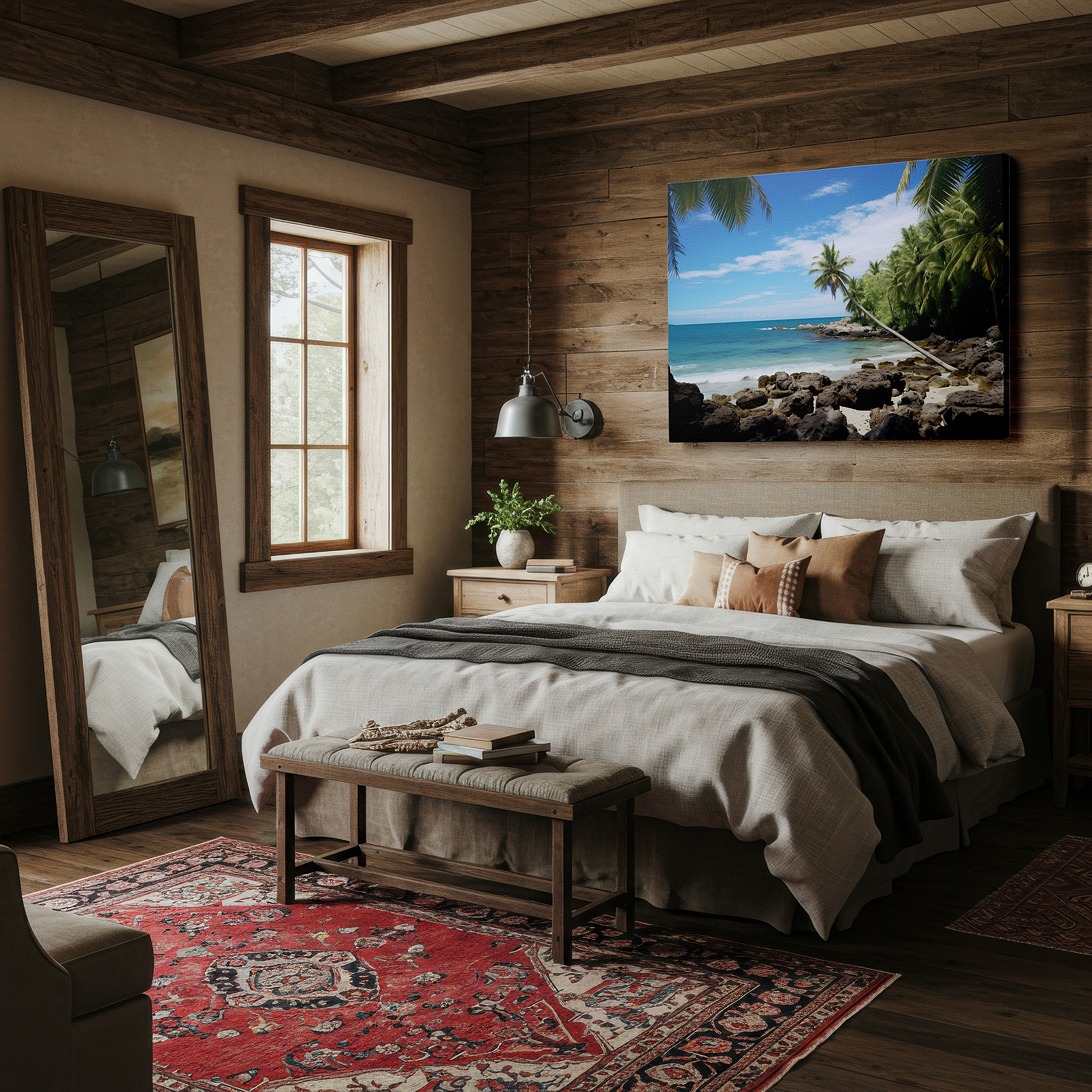 Mounted in a loft-style interior with exposed brick walls — tropical paradise canvas wall art featuring palm trees and rocky coastline under a sunlit sky, perfect for office or bedroom decor