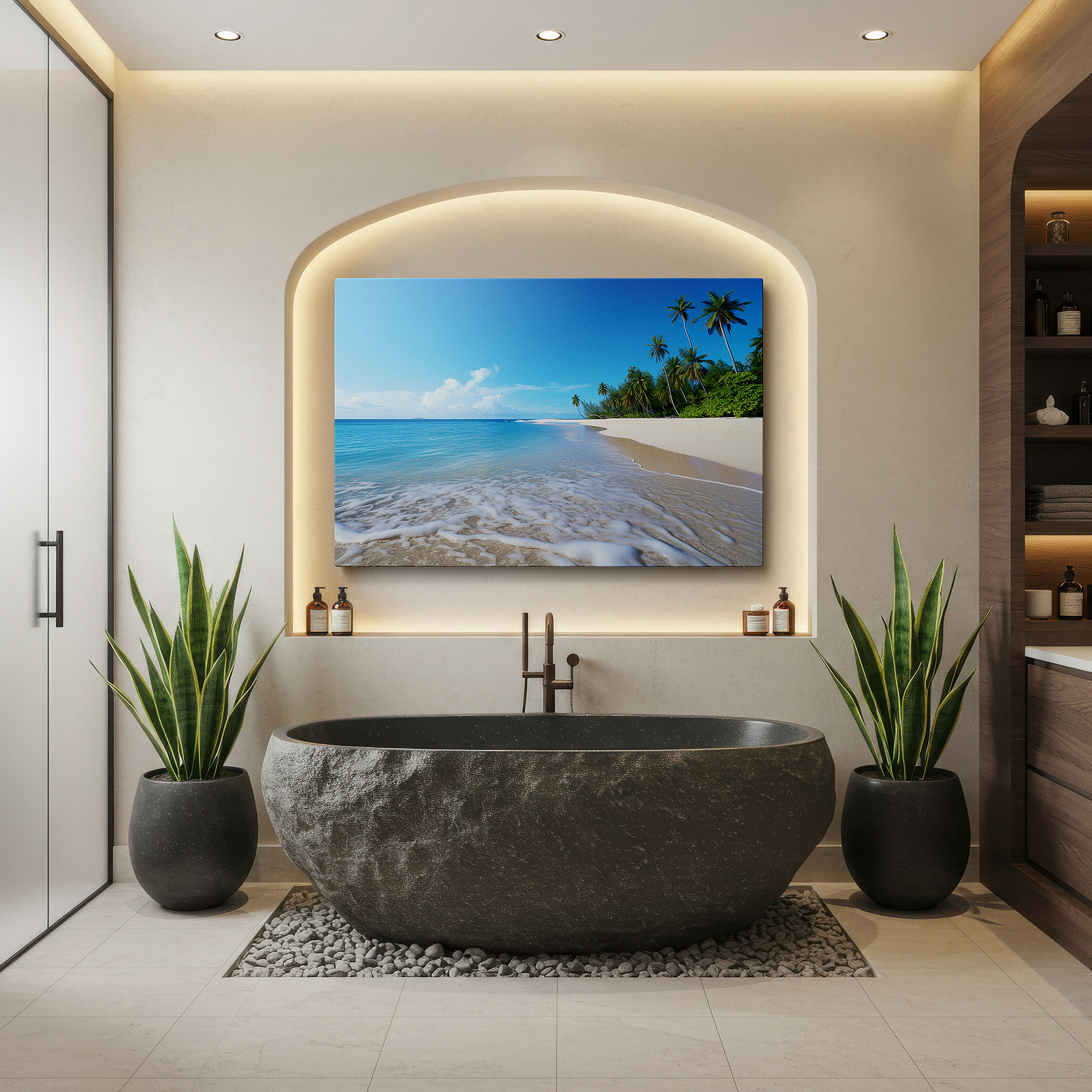 Mounted in a loft-style interior with exposed brick walls — tropical paradise wall art featuring crystal-clear waters and lush palm trees, ideal for office, living room, or bedroom decor