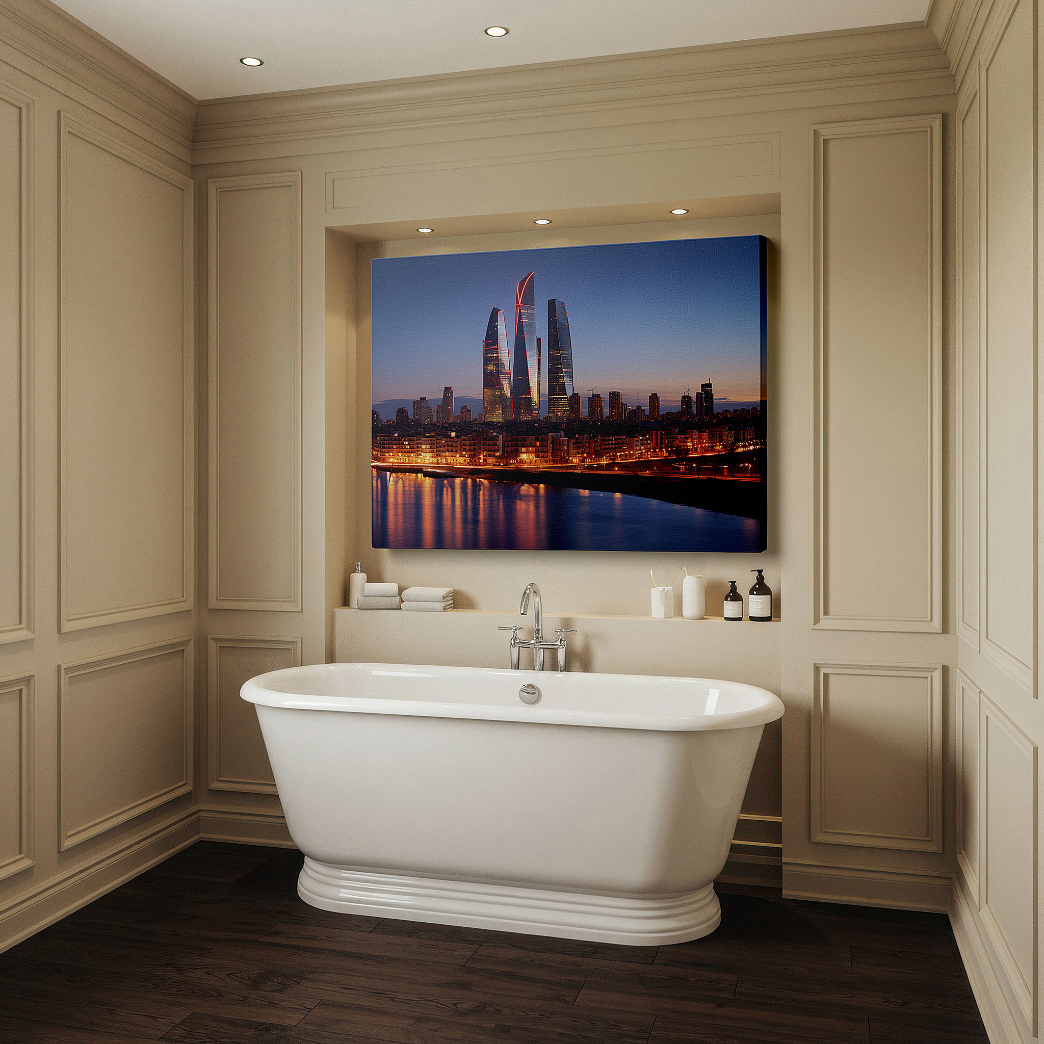Mounted in a loft-style interior with exposed brick walls — twilight cityscape wall art featuring glowing skyscrapers and reflective waters - large canvas for home and office decor, perfect for living room and bedroom