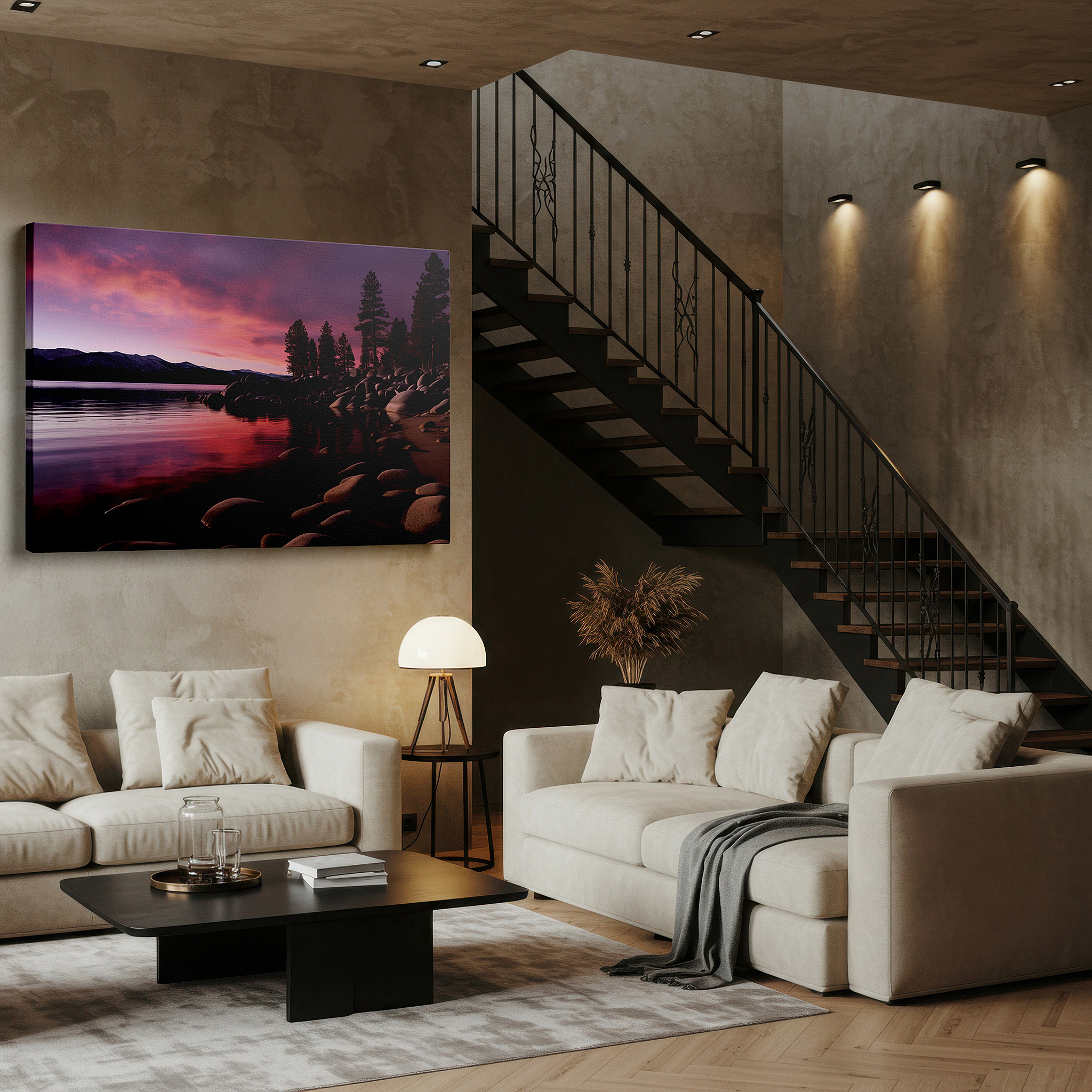 Mounted in a loft-style interior with exposed brick walls — twilight whispers by the lake - serene transition into night's embrace - large canvas wall art for office and bedroom decor
