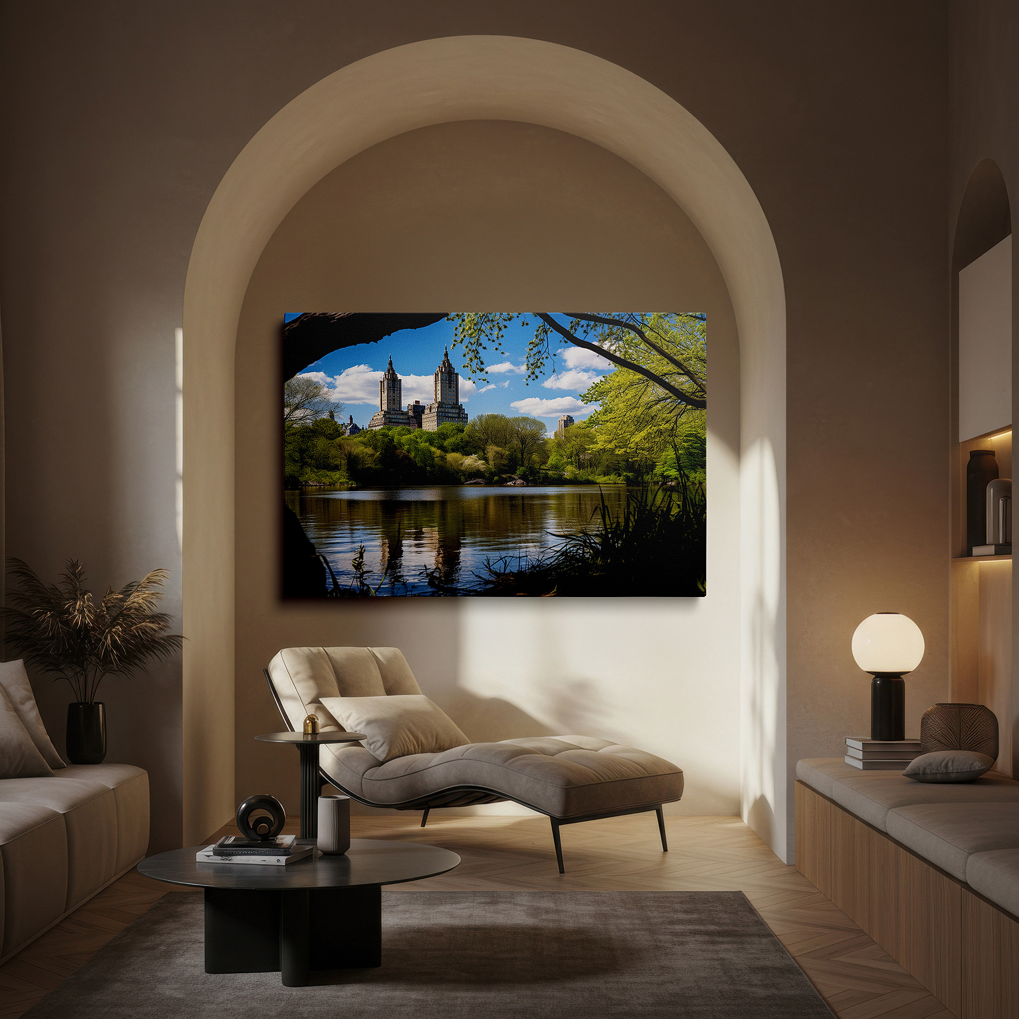 Mounted in a loft-style interior with exposed brick walls — twin skyscrapers and lush greenery in central park - a peaceful fusion of city and nature large wall art, canvas wall art, wall decor, office art