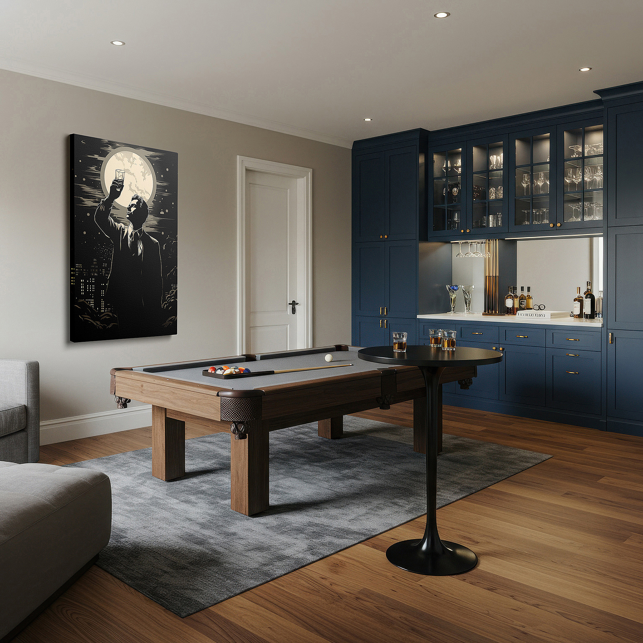 Mounted in a loft-style interior with exposed brick walls — urban solitude: contemplative man silhouette against city nightlife - large canvas wall art for office and bedroom decor