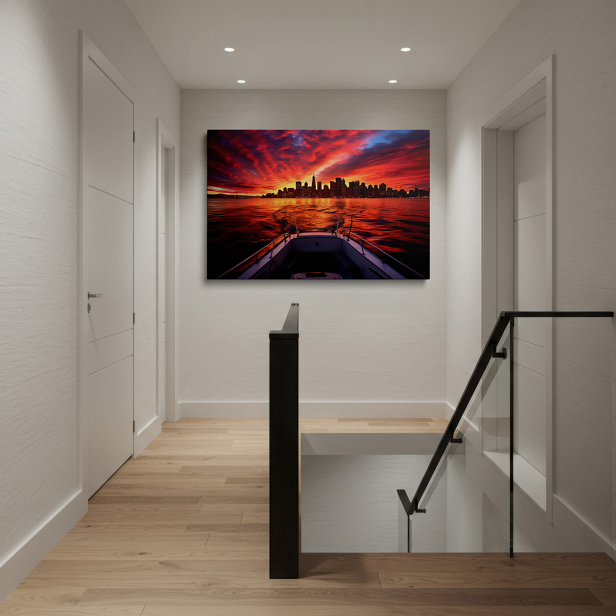 Mounted in a loft-style interior with exposed brick walls — urban sunset and serene waters: a vivid skyline and nature's tranquil beauty - large wall art, canvas wall art, wall decor for office and bedroom