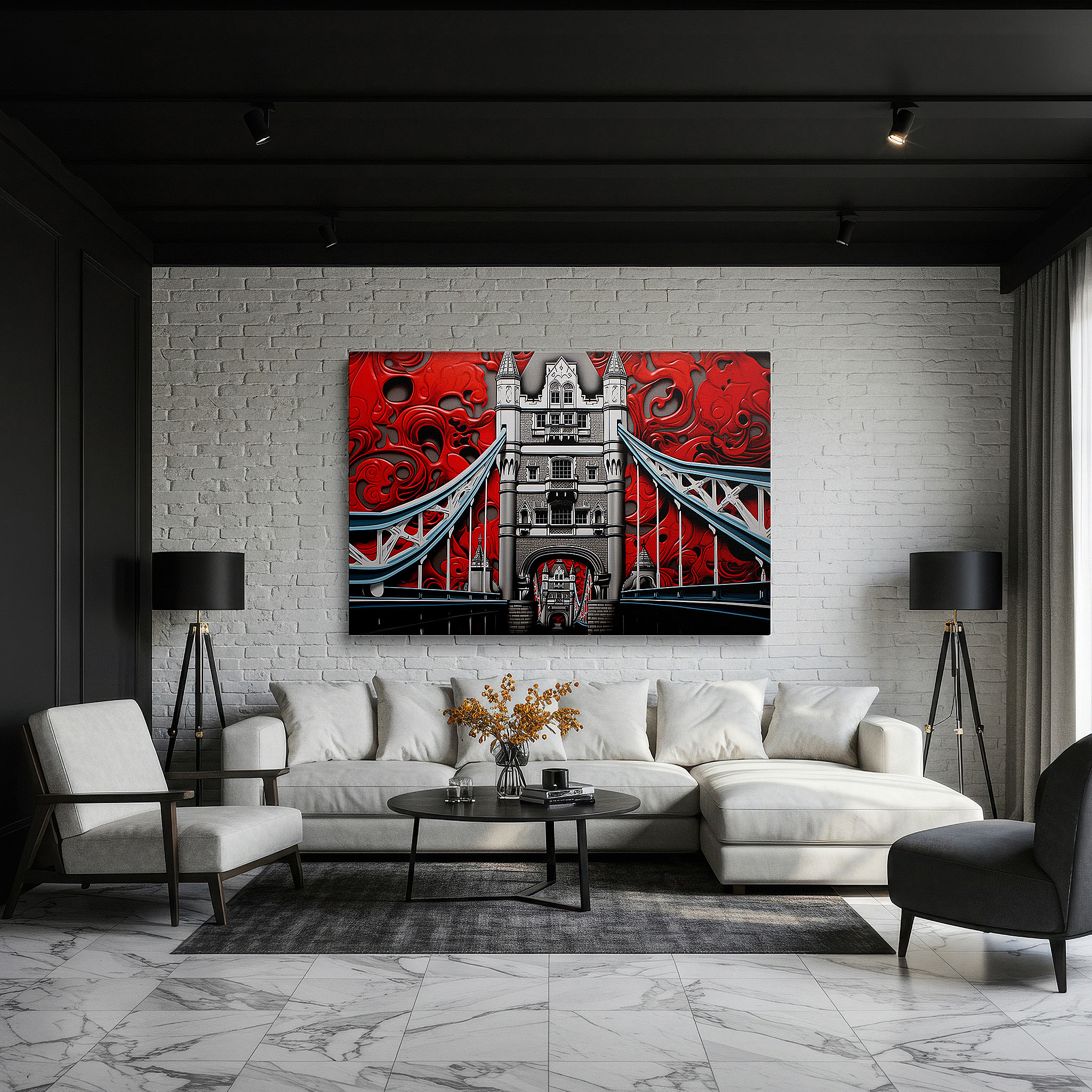 Mounted in a loft-style interior with exposed brick walls — vibrant red and black tower bridge canvas wall art, perfect for office or bedroom decor