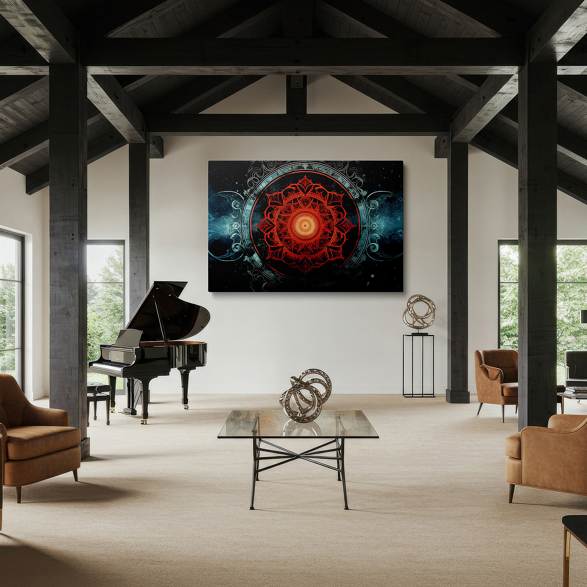 Mounted in a loft-style interior with exposed brick walls — vibrant red mandala featuring cosmic elements, representing universal harmony and spiritual depth, large canvas wall art for office decor