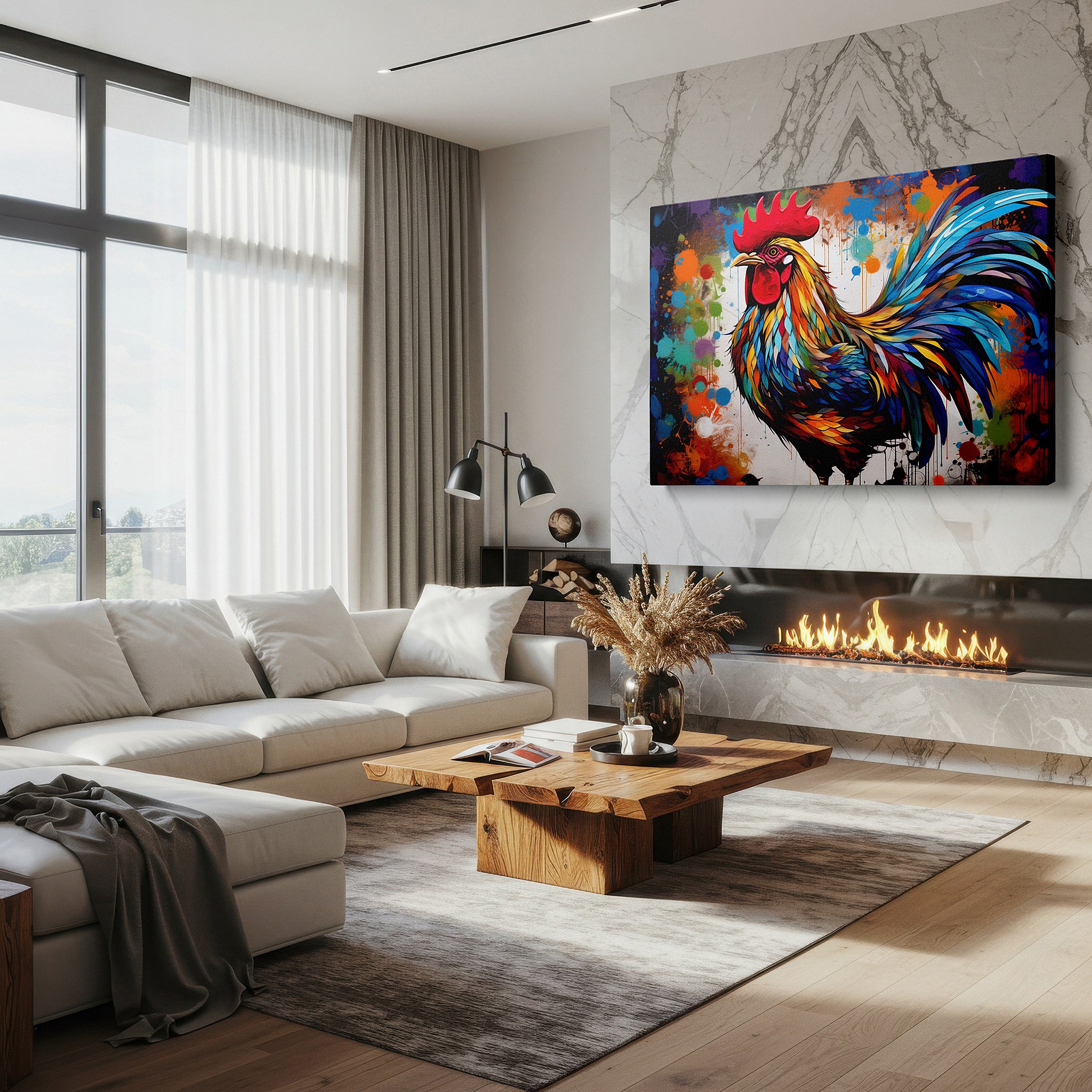 Mounted in a loft-style interior with exposed brick walls — vibrant rooster portrait representing new beginnings and dawn - large canvas wall art for office, bedroom, and living room decor