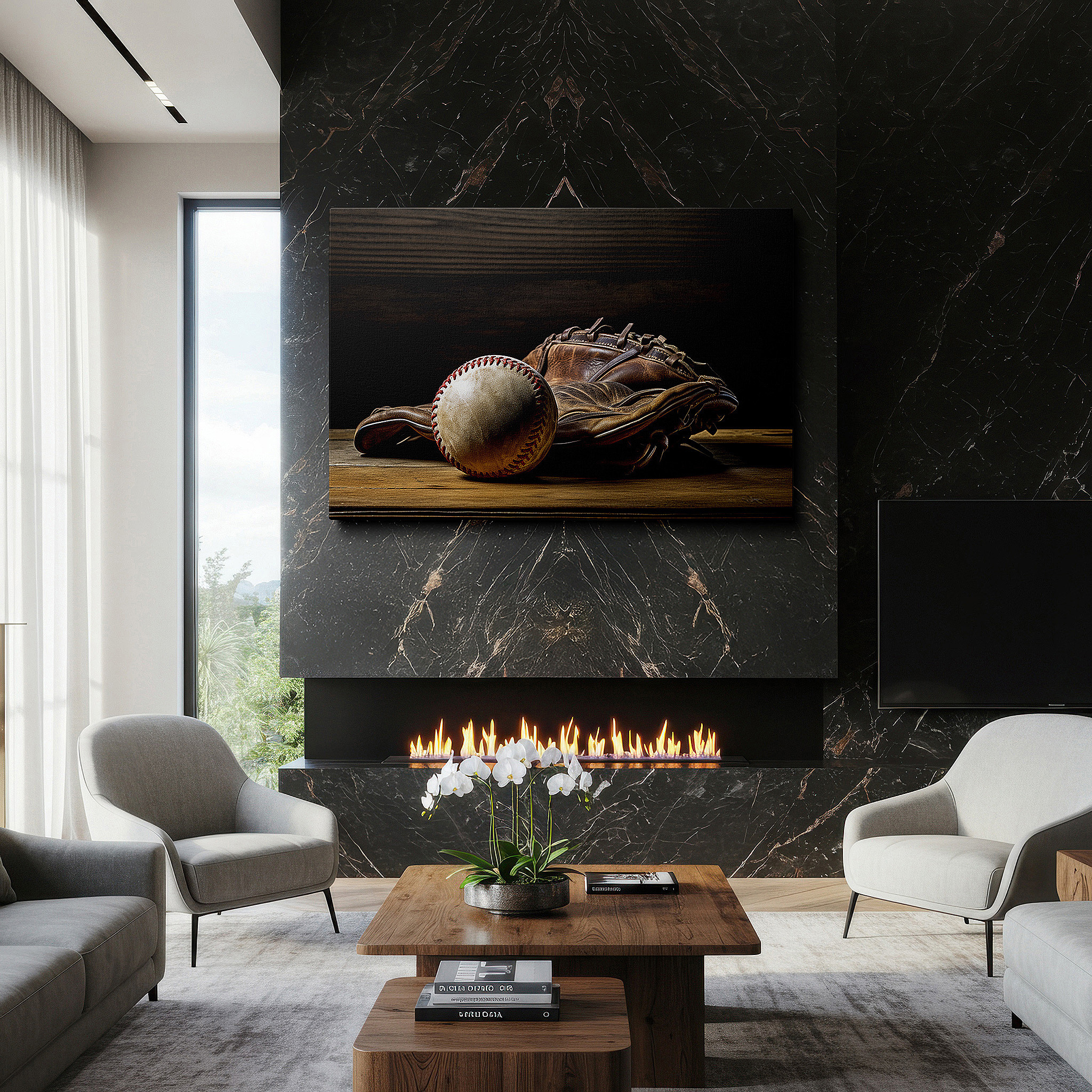 Mounted in a loft-style interior with exposed brick walls — vintage baseball glove and ball on an old wooden table - a tribute to america's beloved pastime, large canvas wall art