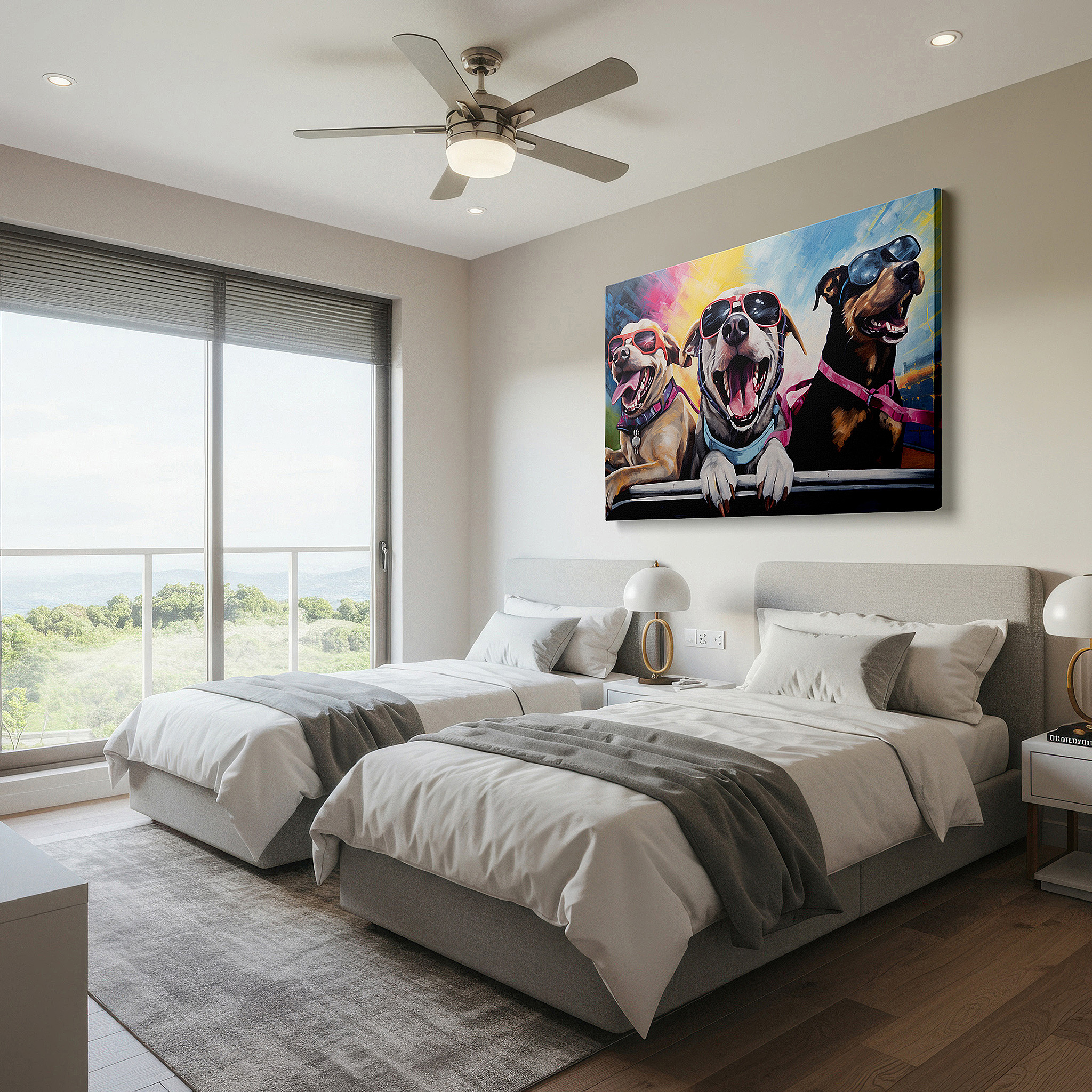 Mounted in a loft-style interior with exposed brick walls — wall art: celebrate life and style with trendy dogs in sunglasses - large canvas wall art for office and bedroom decor
