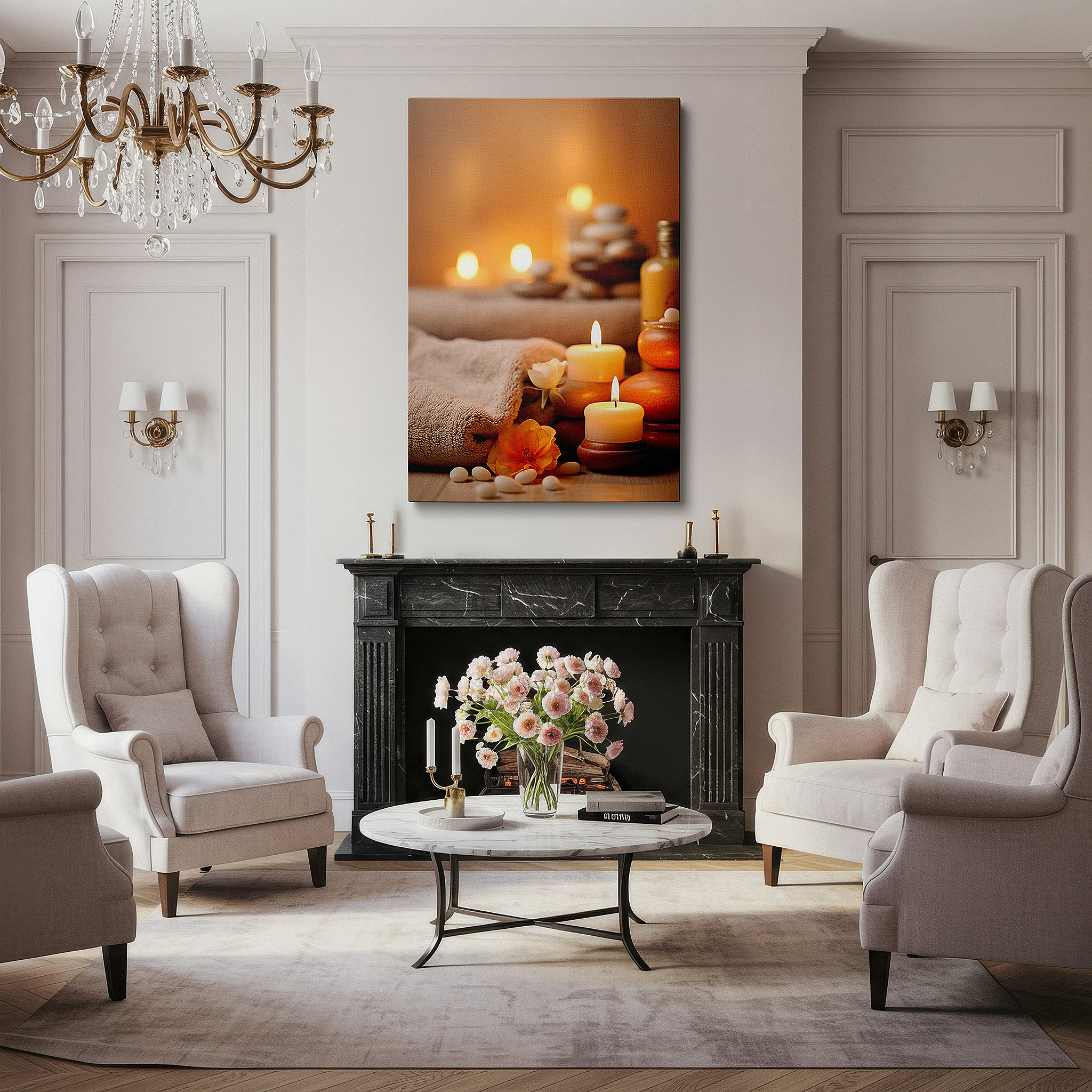 Mounted in a loft-style interior with exposed brick walls — wall art: experience serenity with candles and stones, large spa-themed canvas art for home and office decor, perfect for bedrooms and living spaces