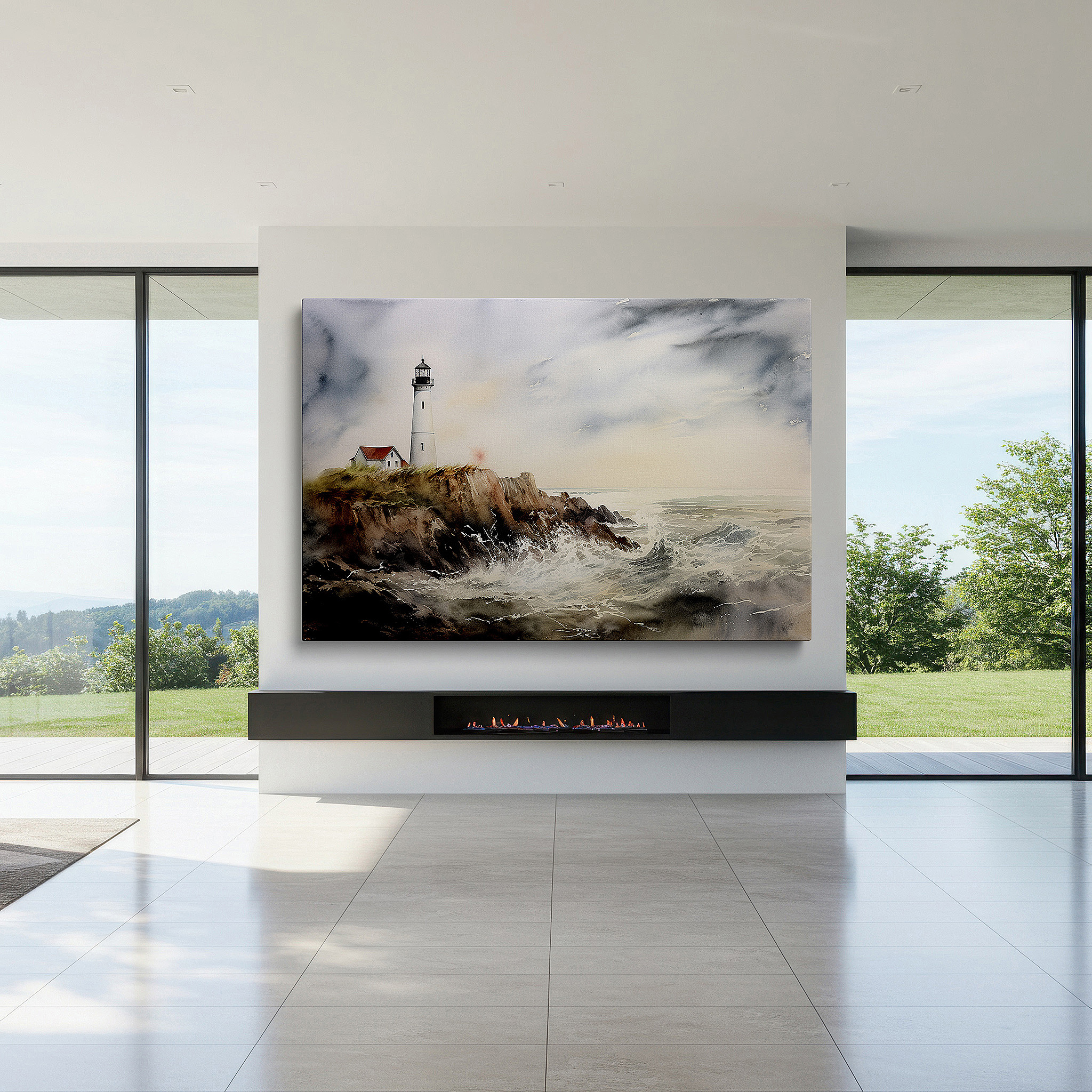 Mounted in a loft-style interior with exposed brick walls — wall art: majestic lighthouse on rocky cliff - symbolizing strength and hope amidst nature's fury, large canvas wall art for home and office decor