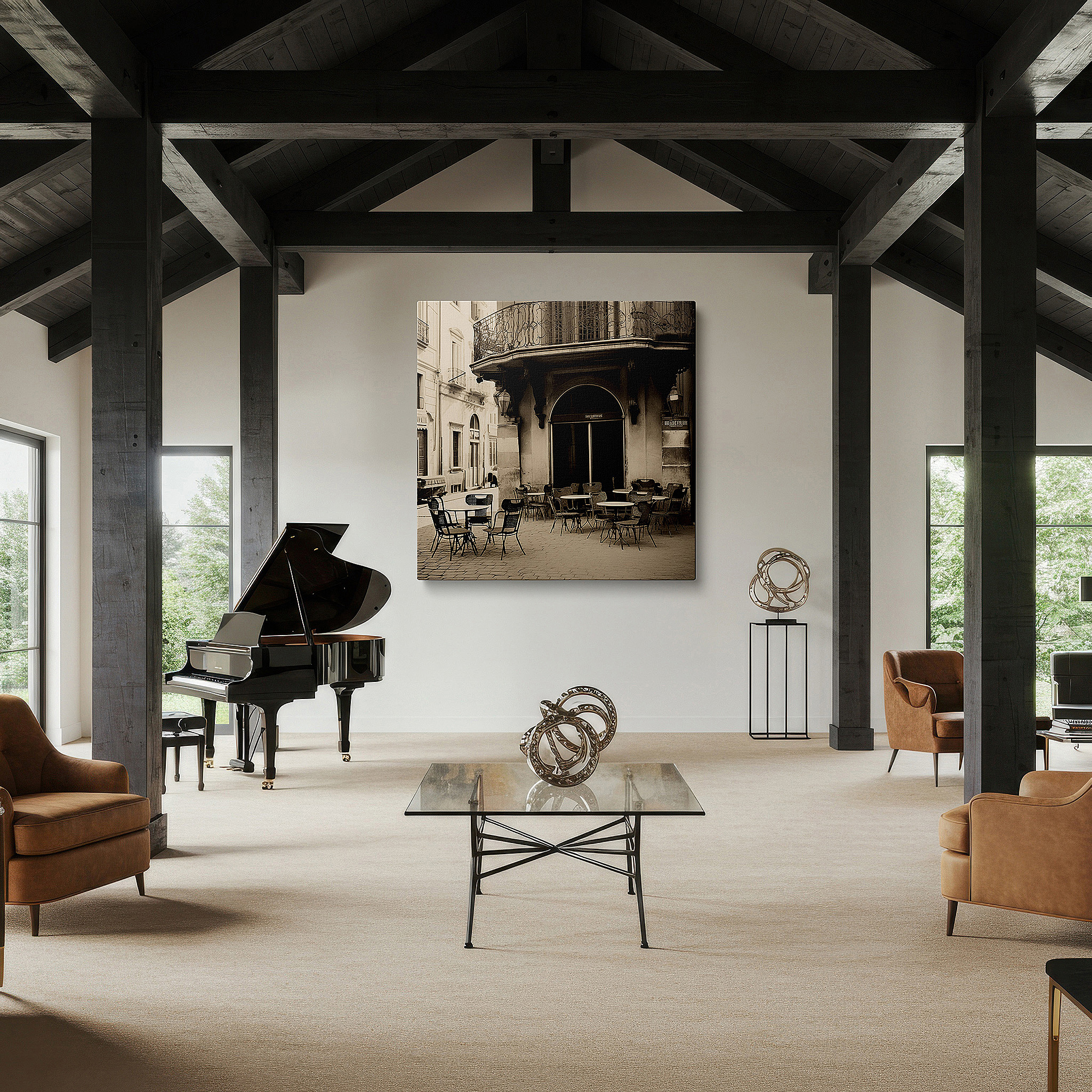 Mounted in a loft-style interior with exposed brick walls — wall art: serene city café in monochrome - elegant wrought iron against a historic setting, large canvas wall art for home and office decor