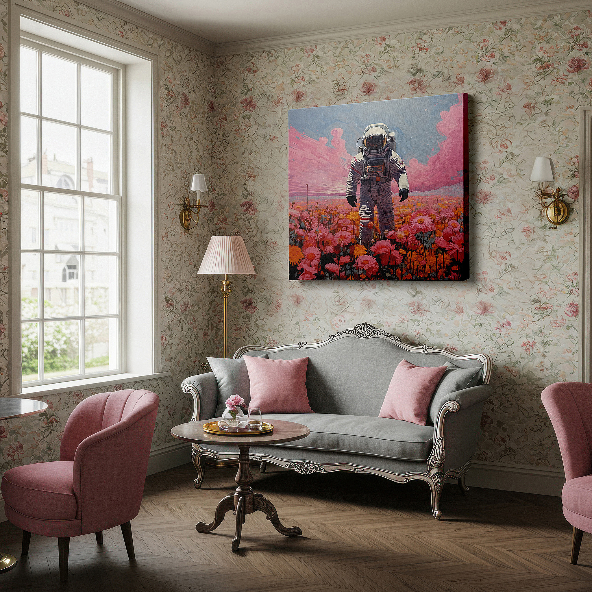 Mounted in a loft-style interior with exposed brick walls — wall decor: astronaut with glowing flowers - a surreal fusion of space adventure and natural charm, large canvas art for home and office