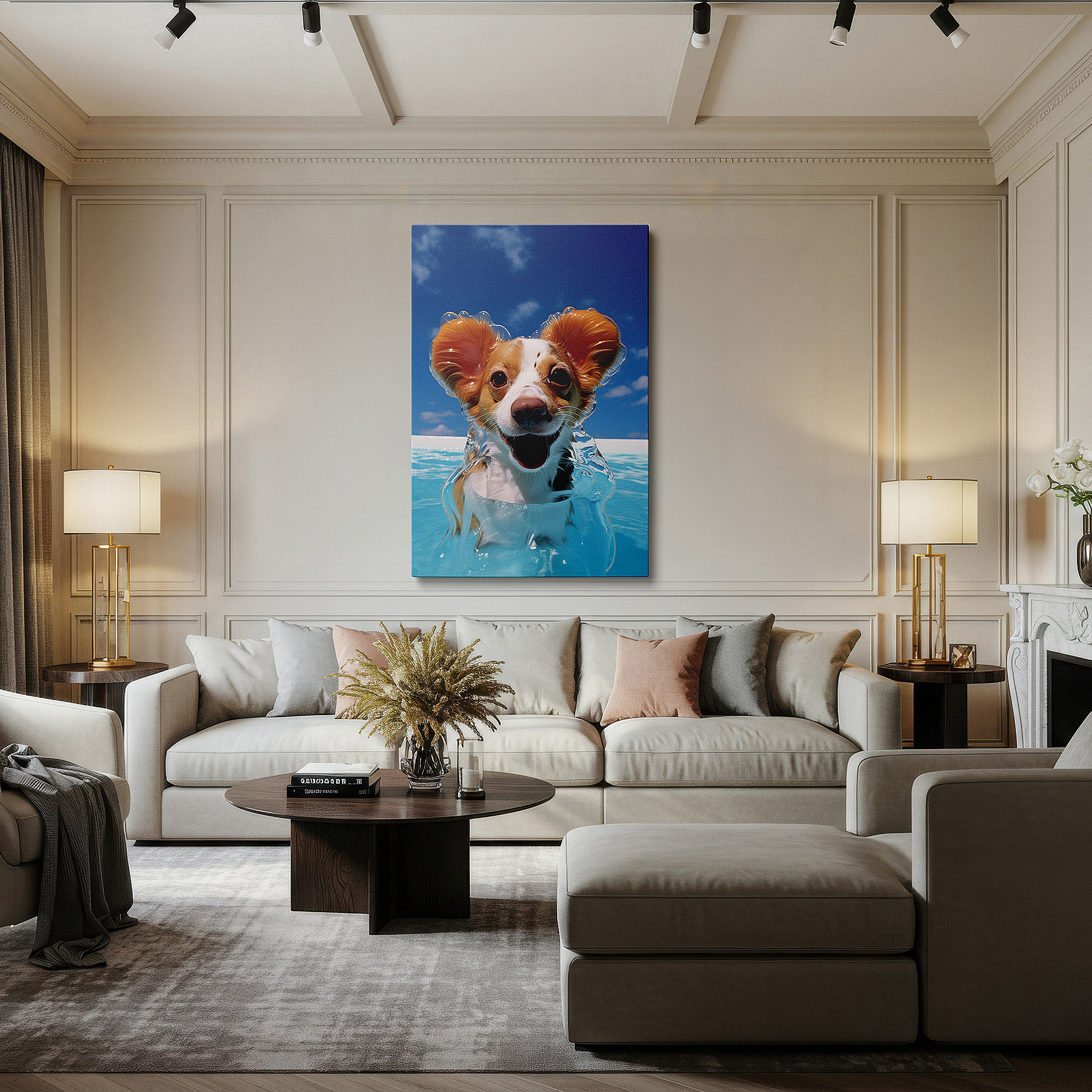 Mounted in a loft-style interior with exposed brick walls — wall decor: joyful dog frolicking in a sunny pool - a tribute to summer fun and vibrant energy, large canvas wall art for home and office decor