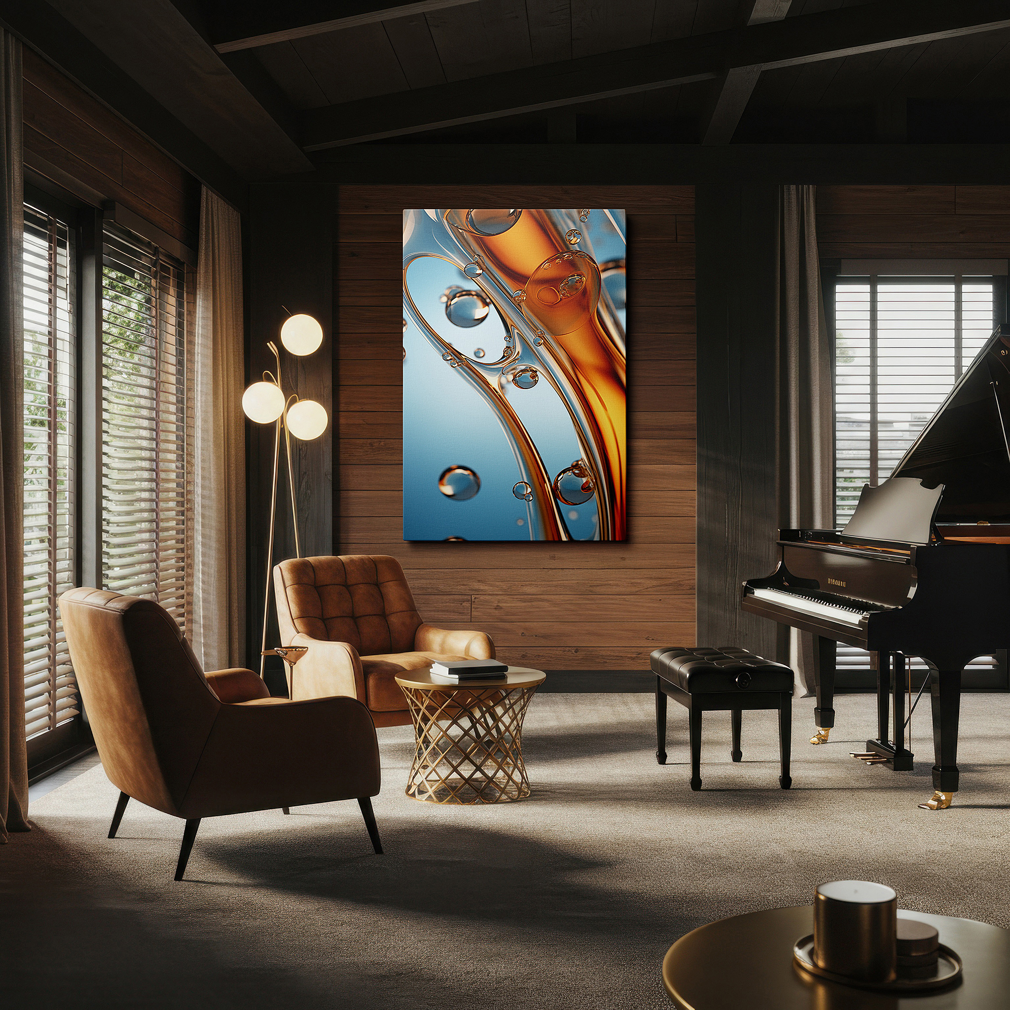 Perfectly sized at 45×30 cm for accenting shelves or narrow walls — amber and clear bubbles abstract dance large wall art, canvas decor for office, bedroom, and living room