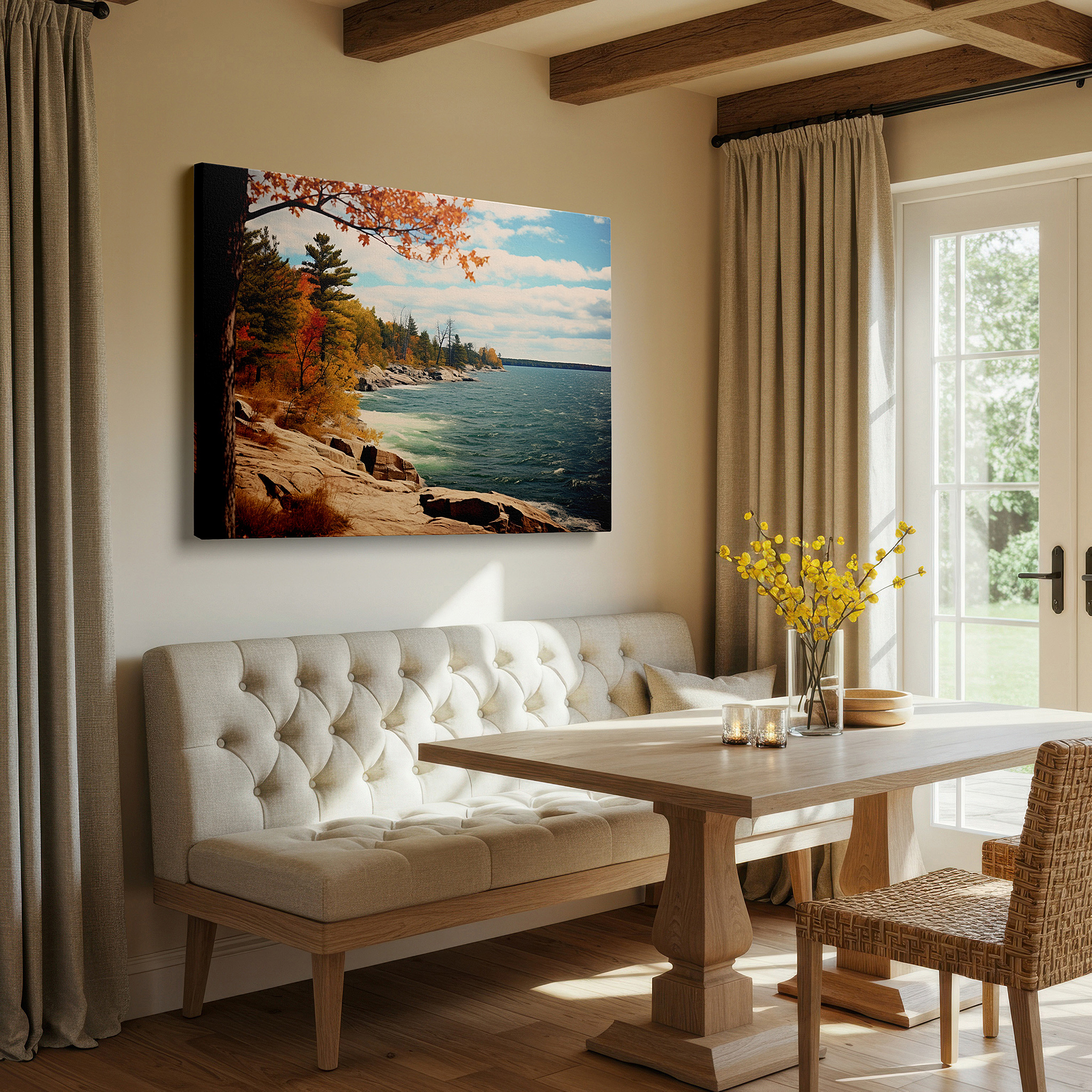 Perfectly sized at 45×30 cm for accenting shelves or narrow walls — autumnal serenity by the lake: vibrant foliage and tranquil waters under a clear blue sky - large wall art, canvas wall art, wall decor for office
