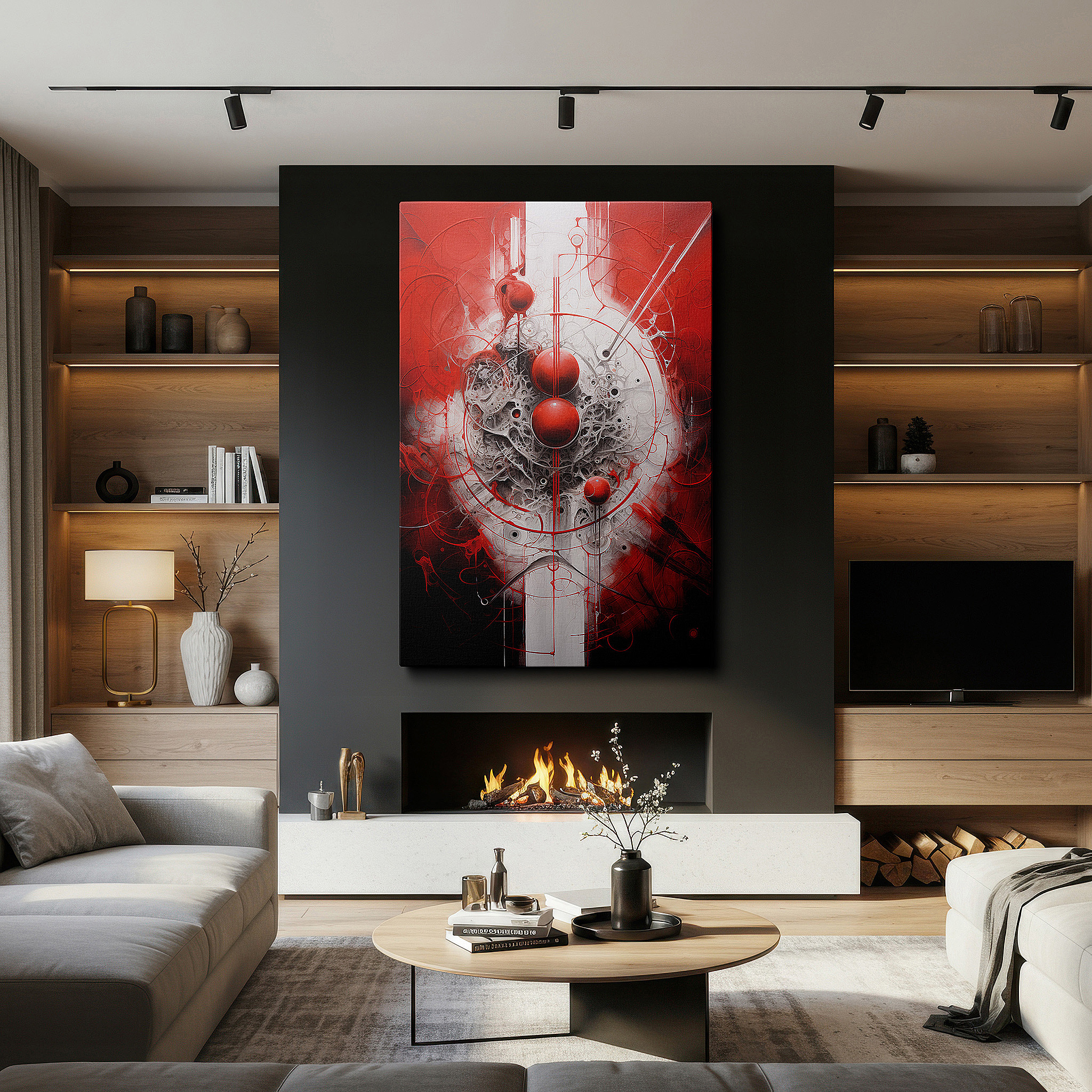 Perfectly sized at 45×30 cm for accenting shelves or narrow walls — bright reds and crisp whites swirl on the canvas, forming a concert of circular forms and abstract strokes, ideal for large wall art, canvas wall art, and wall decor.