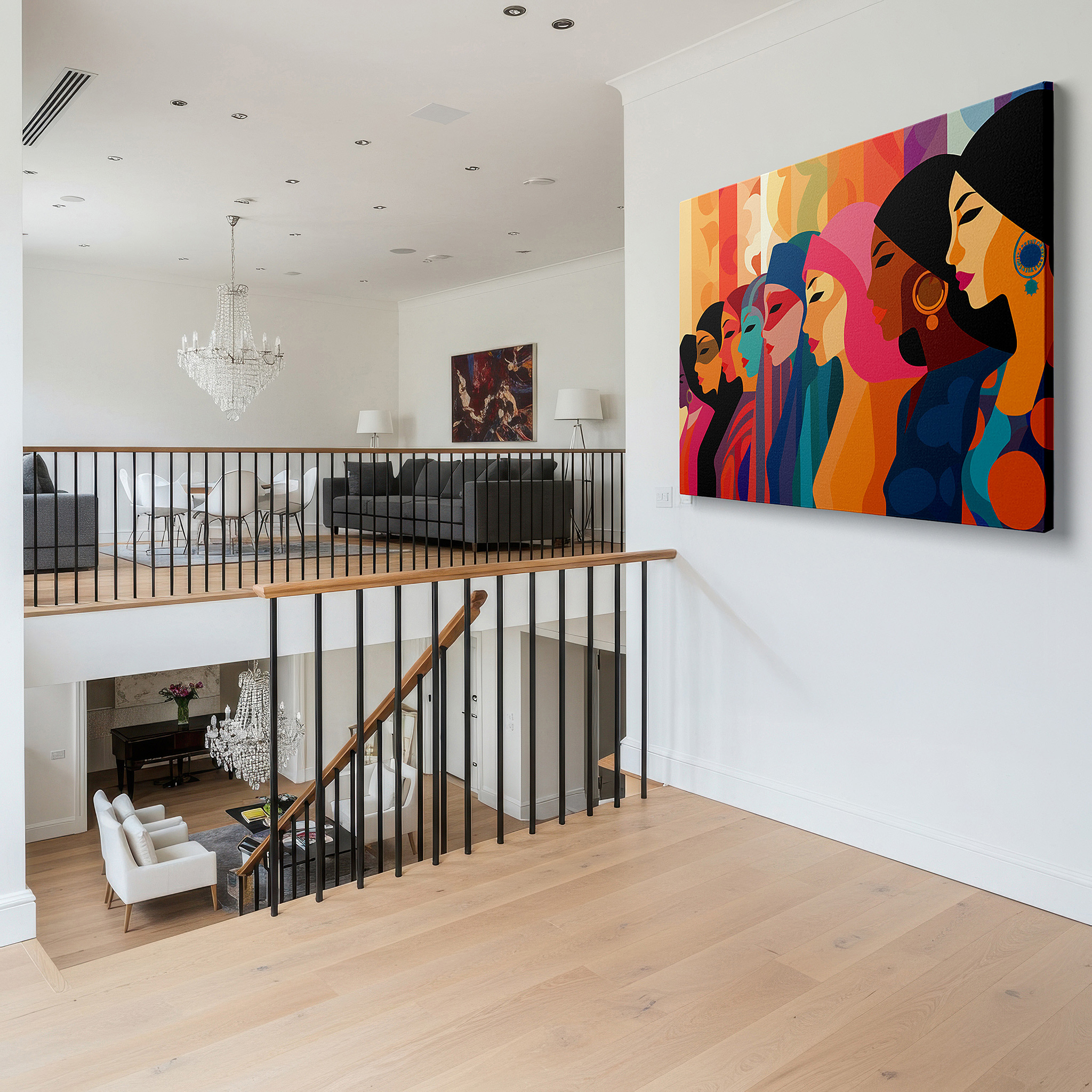 Perfectly sized at 45×30 cm for accenting shelves or narrow walls — celebrating diversity with stylized women's portraits in a colorful tapestry of cultures - large wall art, canvas wall art