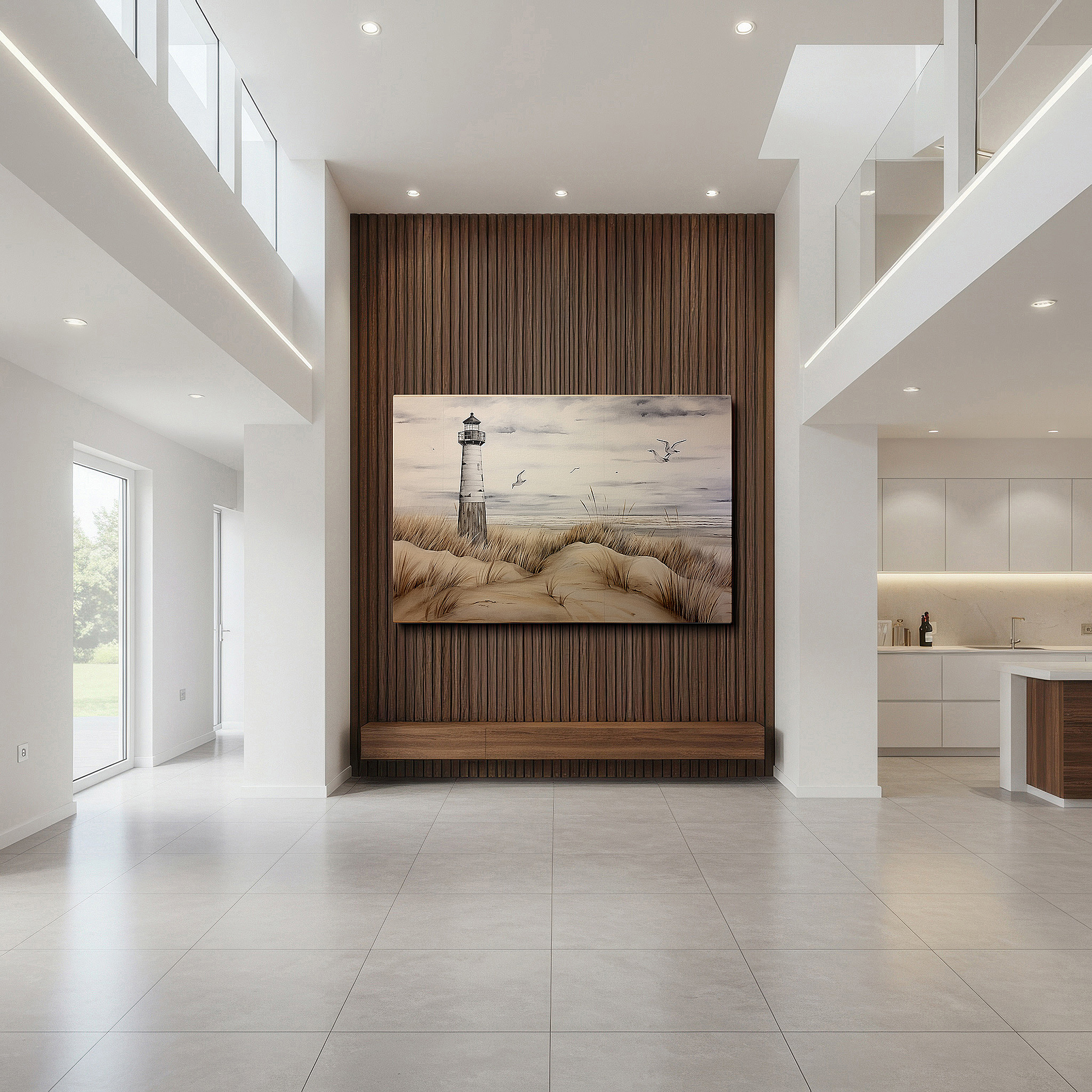Perfectly sized at 45×30 cm for accenting shelves or narrow walls — coastal serenity: lighthouse, sandy dunes, and soft waves - large canvas wall art for home and office decor