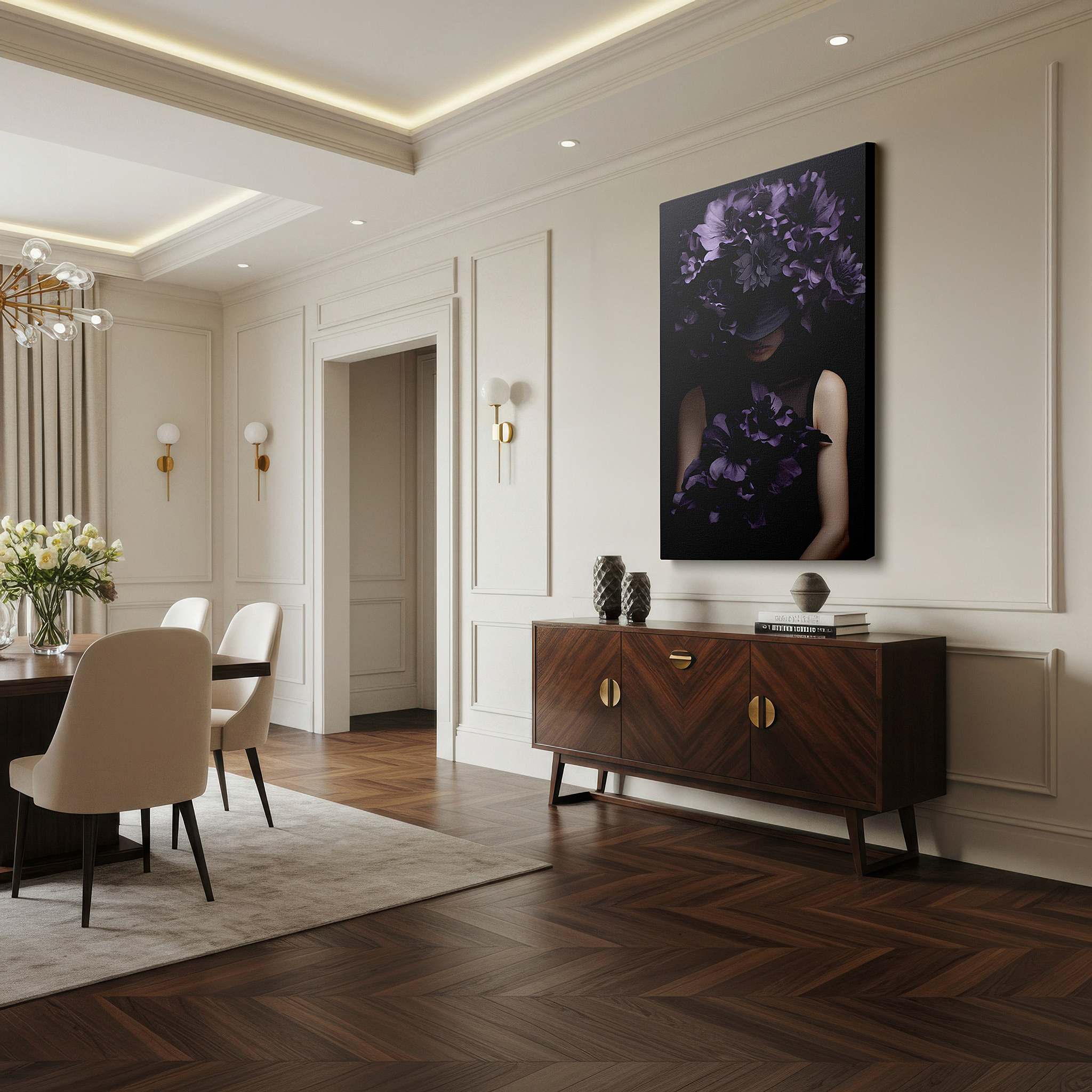 Perfectly sized at 45×30 cm for accenting shelves or narrow walls — dark purple flowers and enigmatic model: luxurious fashion-inspired large wall art, canvas decor for office and home