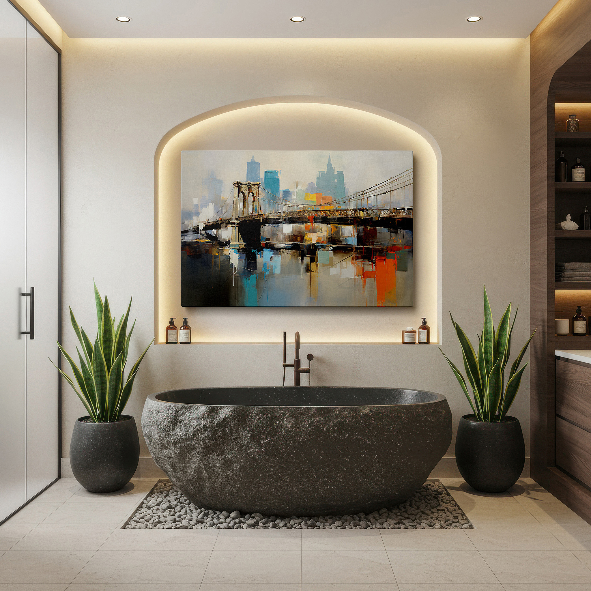 Perfectly sized at 45×30 cm for accenting shelves or narrow walls — dynamic abstract cityscape with vibrant bridge reflections, large canvas wall art for office and bedroom decor