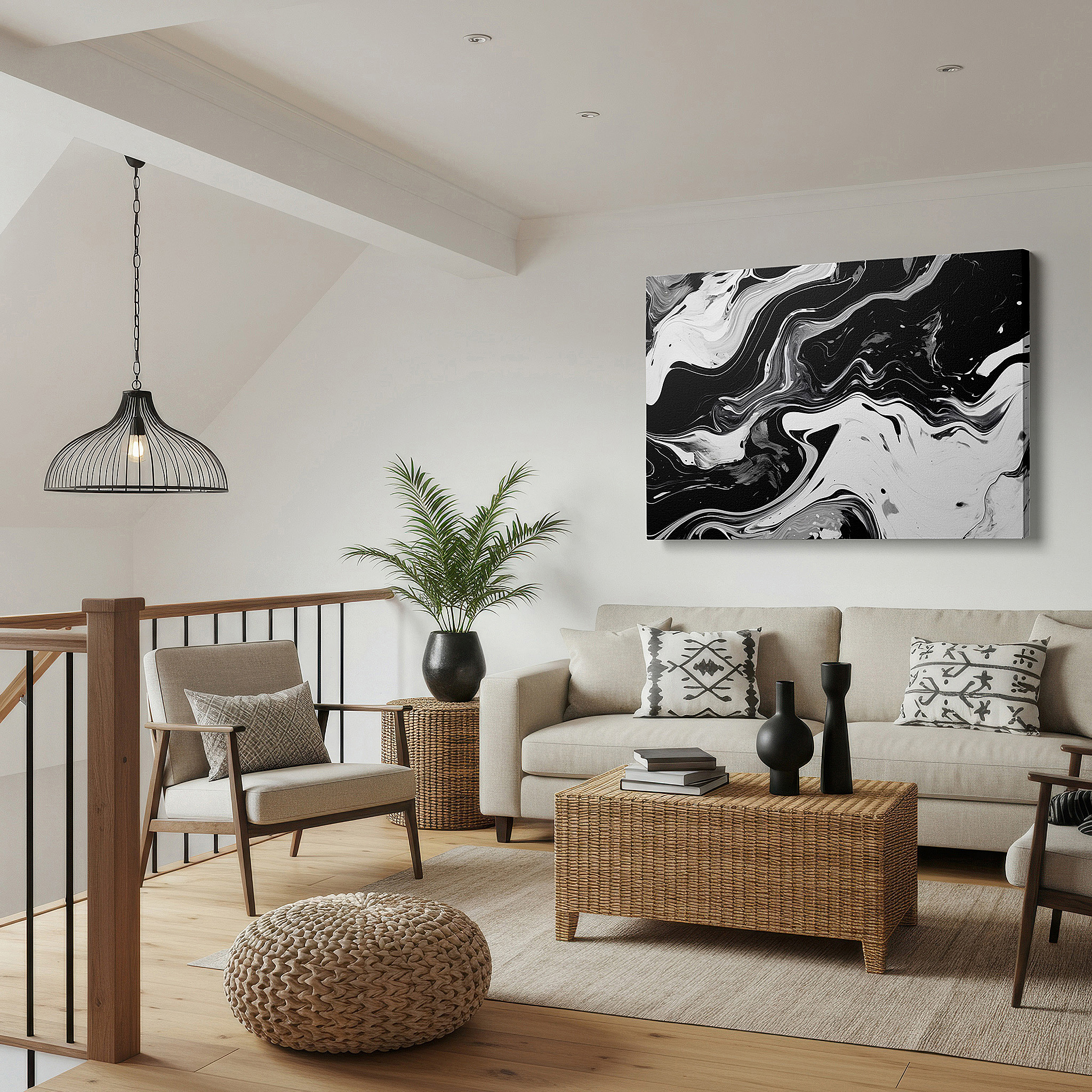 Perfectly sized at 45×30 cm for accenting shelves or narrow walls — elegant and dynamic black and white marble abstract large wall art, canvas wall art, wall decor for modern offices