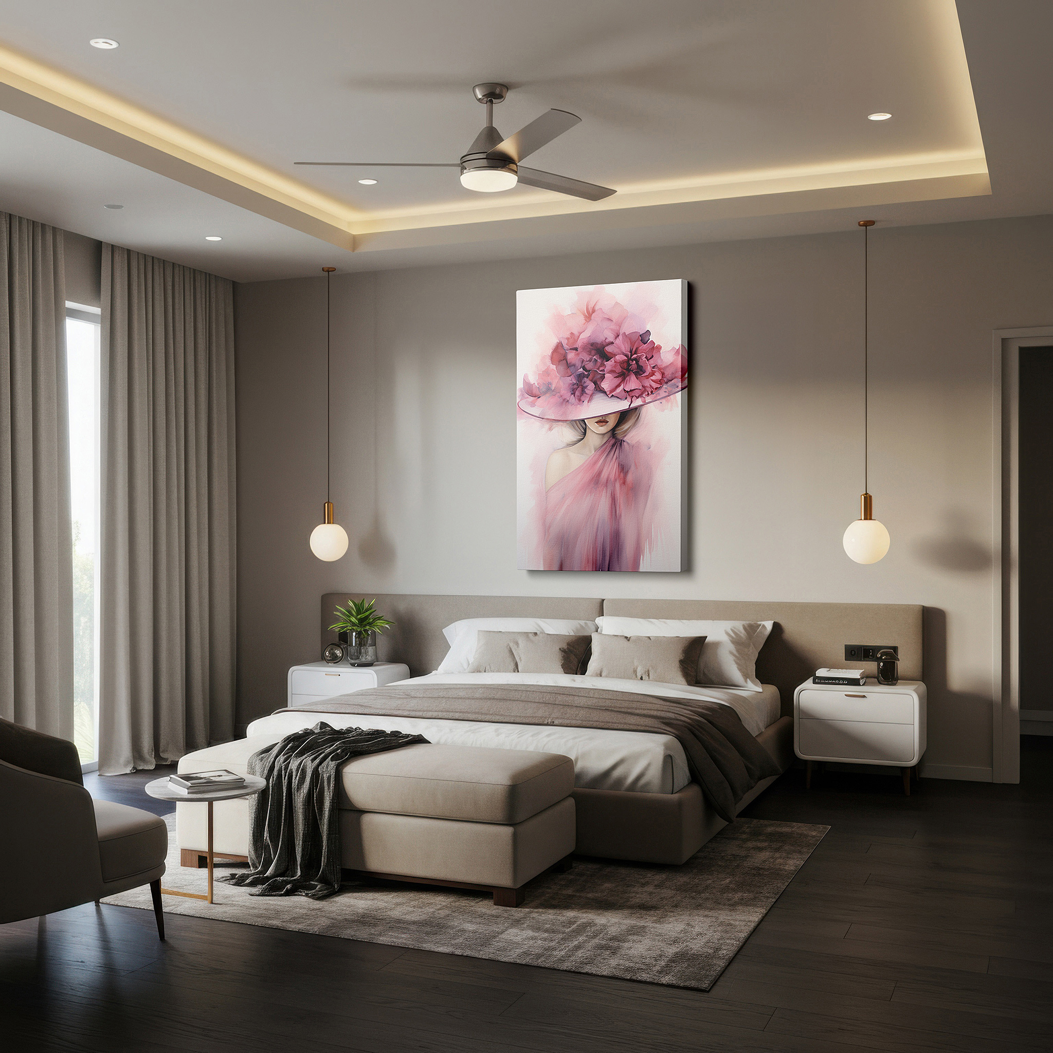 Perfectly sized at 45×30 cm for accenting shelves or narrow walls — elegant floral hat canvas wall art: perfect for office, bedroom, and living room decor