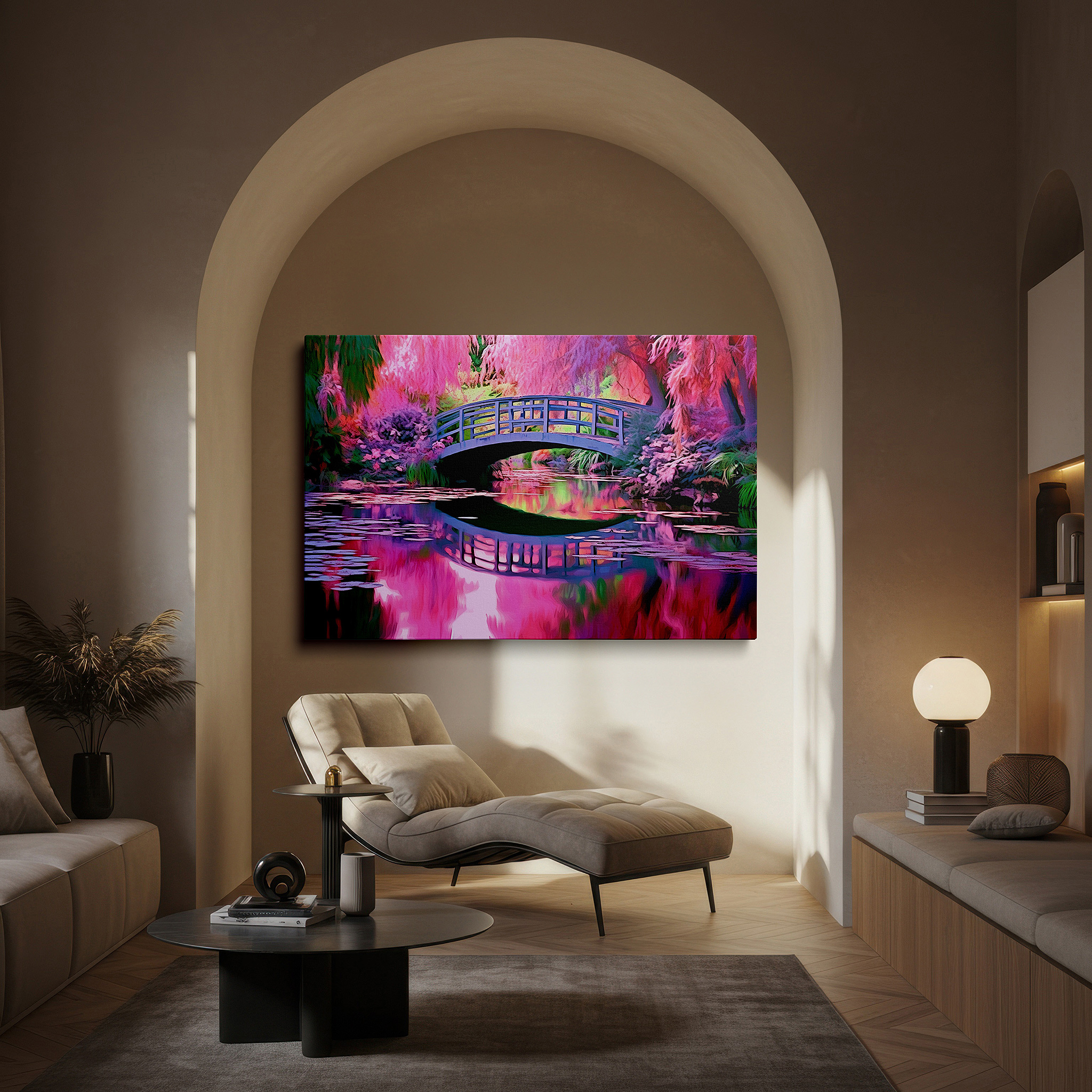 Perfectly sized at 45×30 cm for accenting shelves or narrow walls — enchanted bridge surrounded by vibrant trees: a tranquil reflection of natural beauty - large canvas wall art for office and bedroom decor