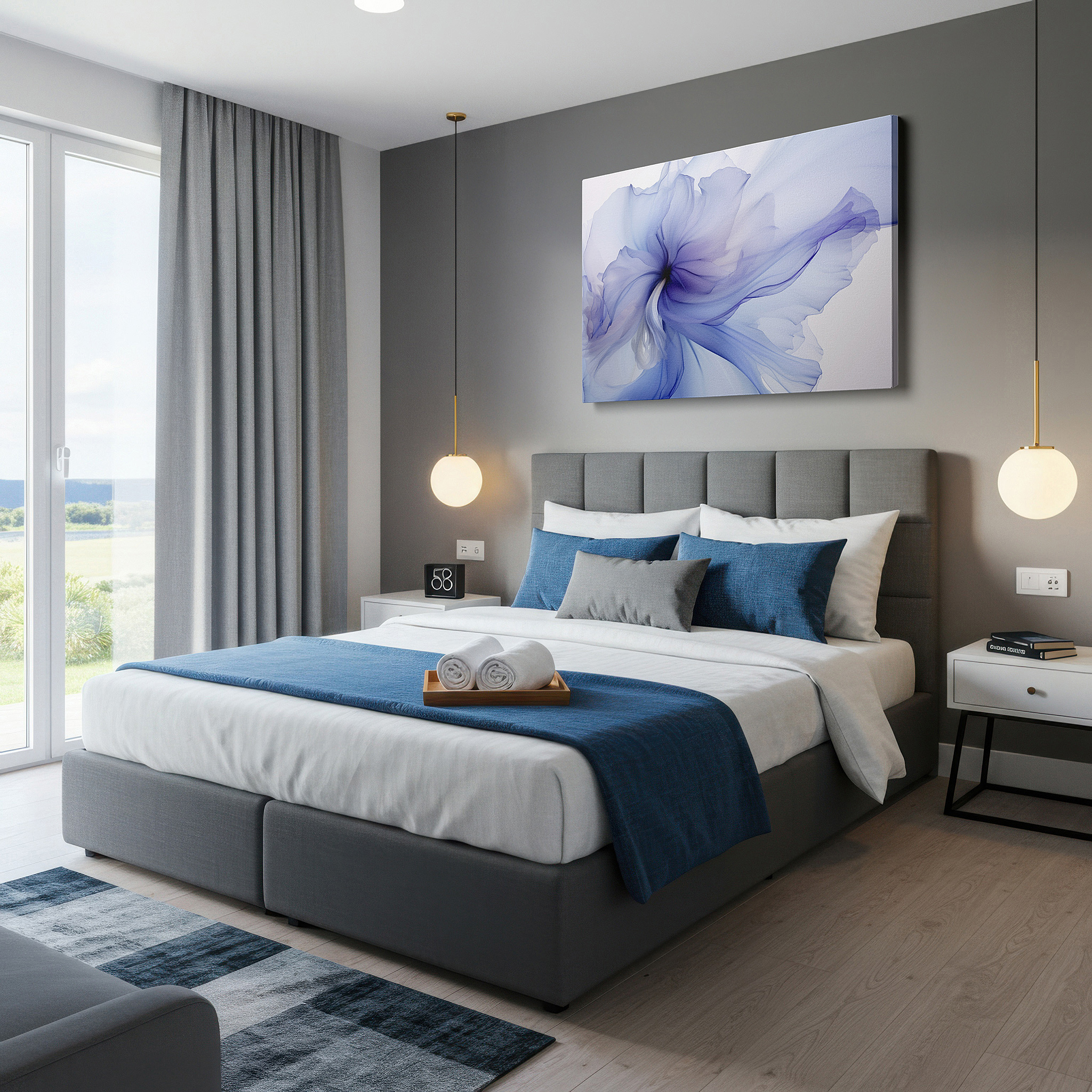 Perfectly sized at 45×30 cm for accenting shelves or narrow walls — enchanting abstract blue flower: elegant and tranquil large wall art, canvas decor for offices and bedrooms