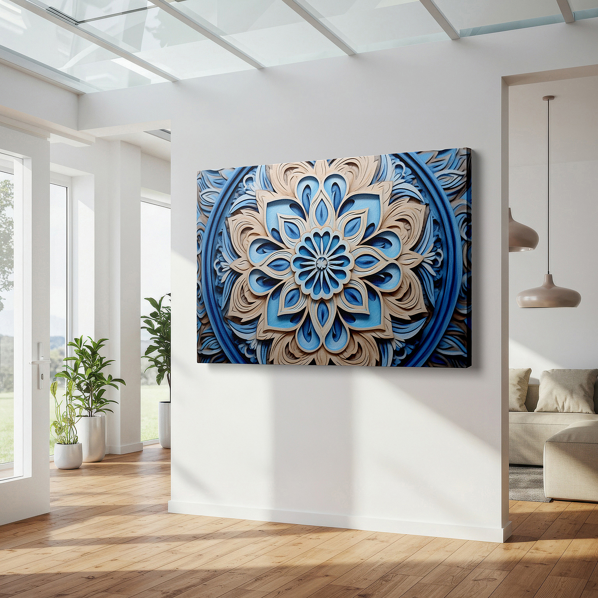 Perfectly sized at 45×30 cm for accenting shelves or narrow walls — enchanting floral wood carving wall art in soft blues and gentle beige tones - large canvas wall art for office and bedroom decor