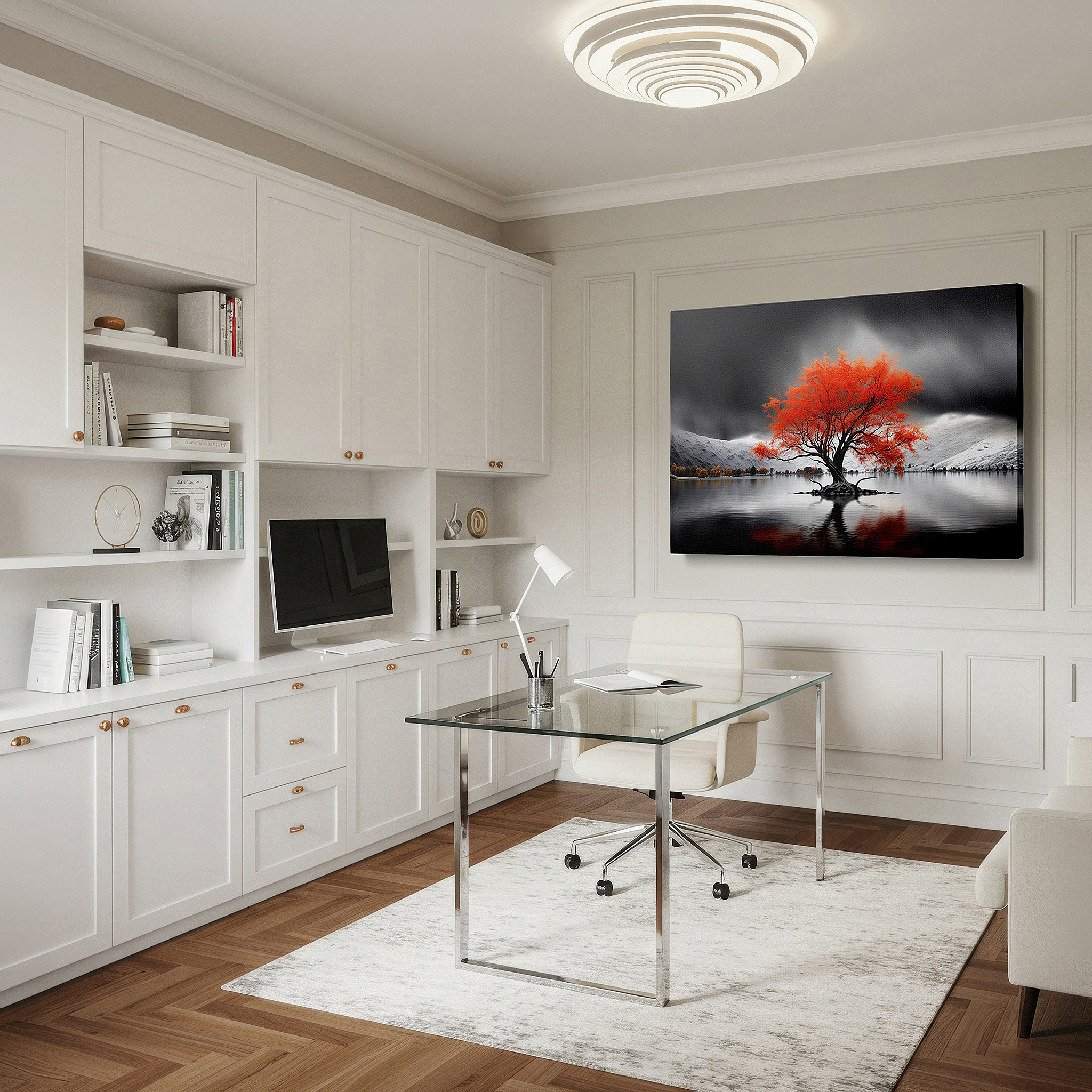Perfectly sized at 45×30 cm for accenting shelves or narrow walls — fiery autumn tree against stark mountains: a symbol of life's fragility and strength - large wall art, canvas print, home and office decor