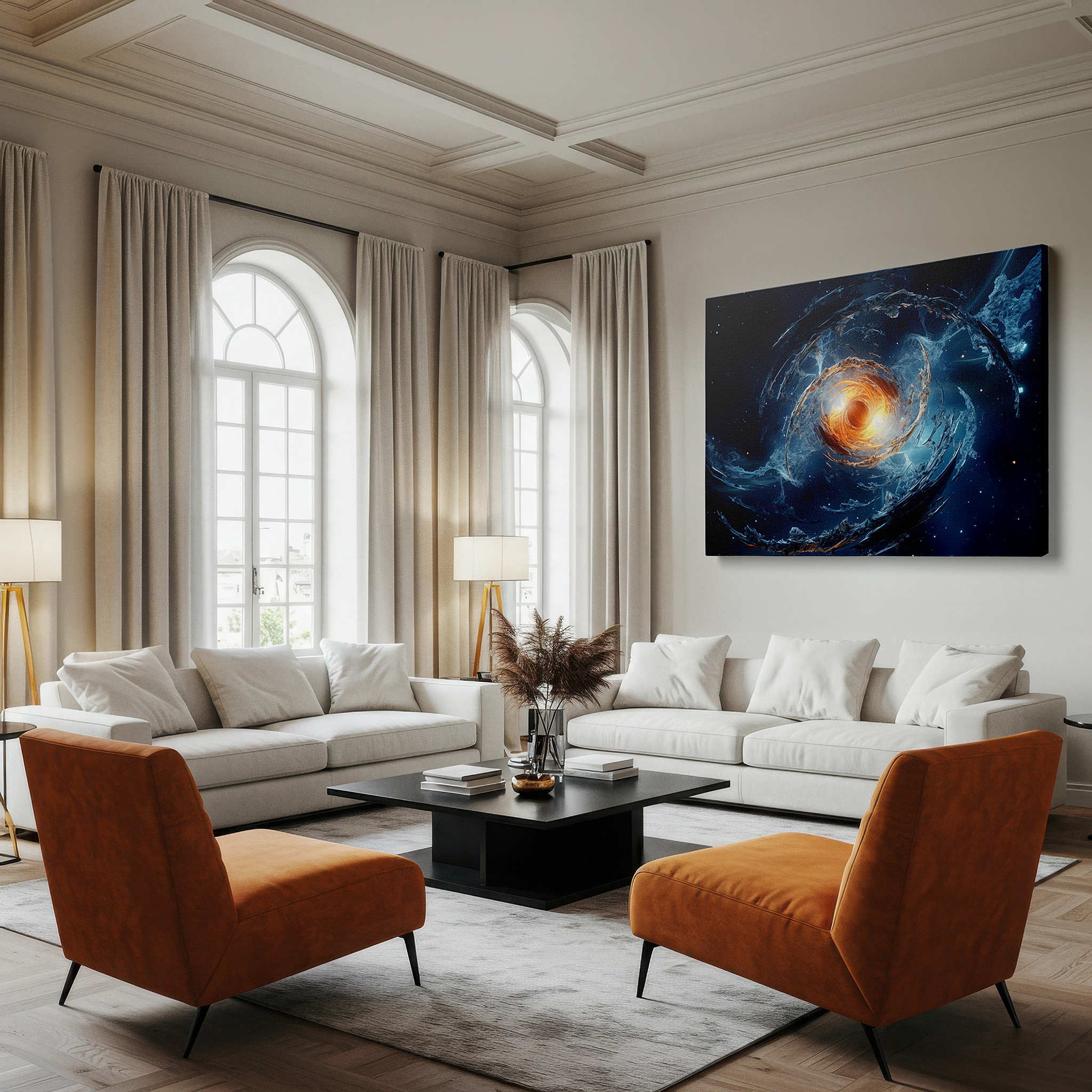 Perfectly sized at 45×30 cm for accenting shelves or narrow walls — fiery cosmic vortex and celestial swirls wall art in deep blues and vibrant oranges, large canvas for home and office decor