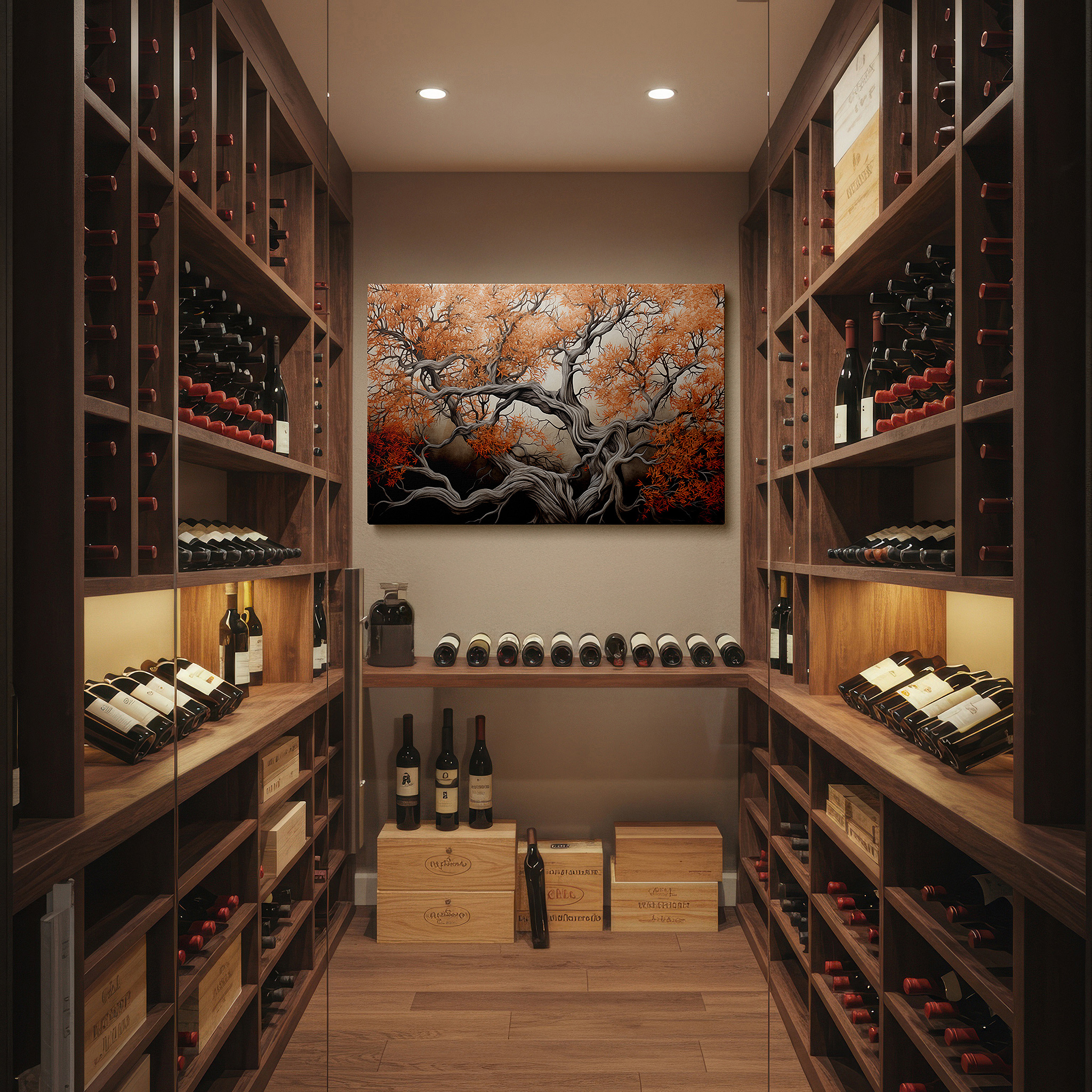 Perfectly sized at 45×30 cm for accenting shelves or narrow walls — fiery orange autumn tree with gnarled branches large canvas wall art, dramatic dark backdrop wall decor