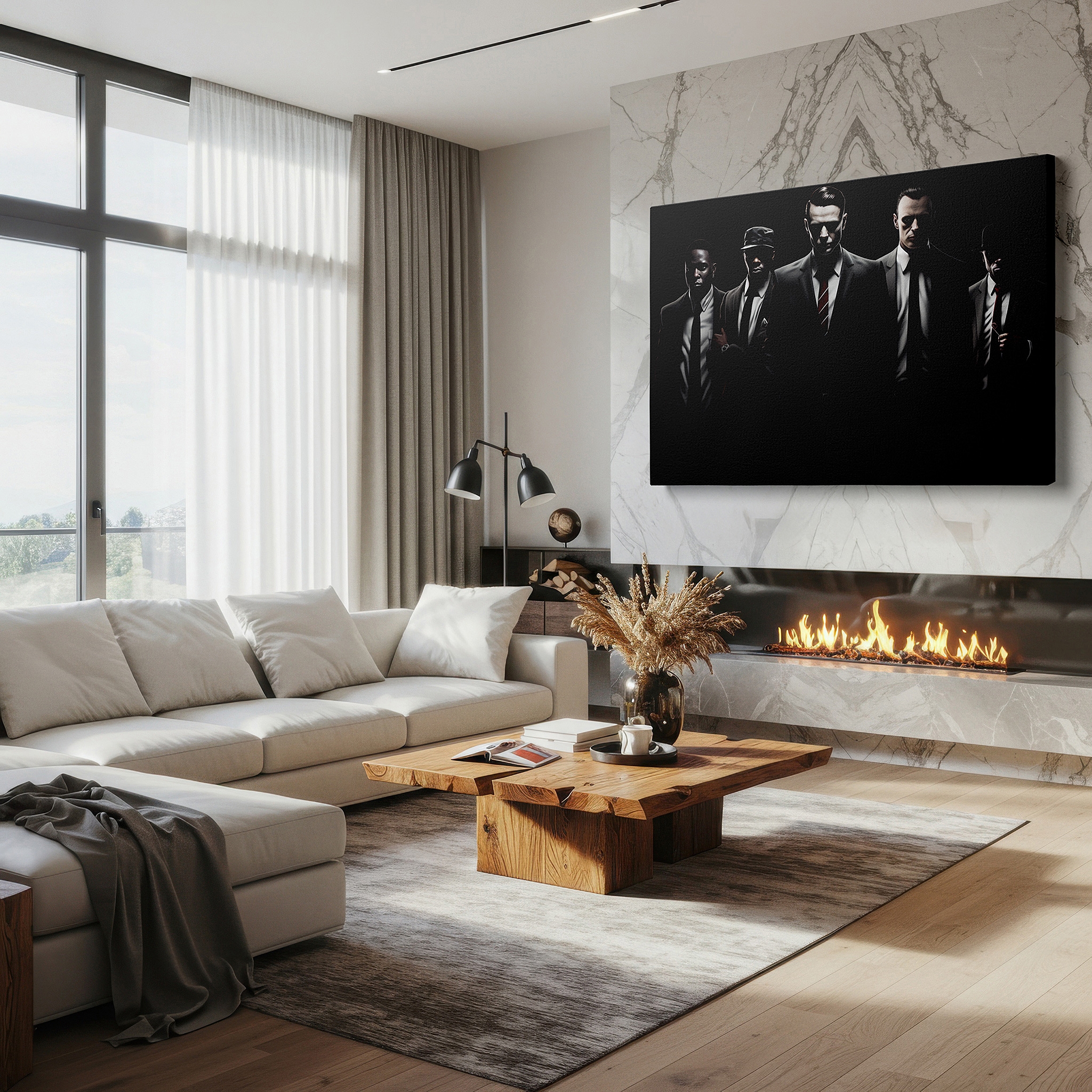 Perfectly sized at 45×30 cm for accenting shelves or narrow walls — five men in suits symbolizing leadership and unity, set against a mysterious background - large wall art, canvas wall art, wall decor for office and bedroom
