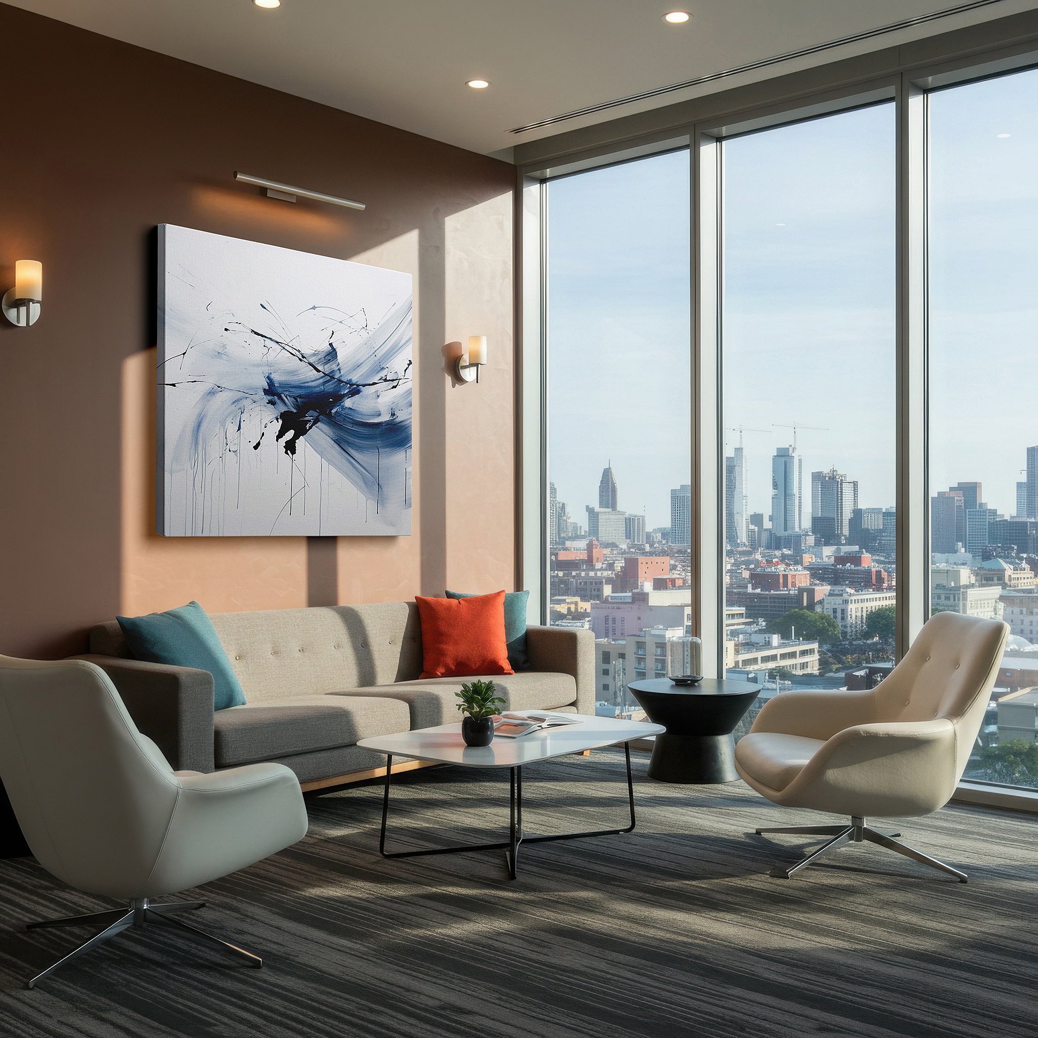 Perfectly sized at 45×30 cm for accenting shelves or narrow walls — fluid blues symphony - enchanting abstract large canvas wall art, perfect for office or bedroom decor