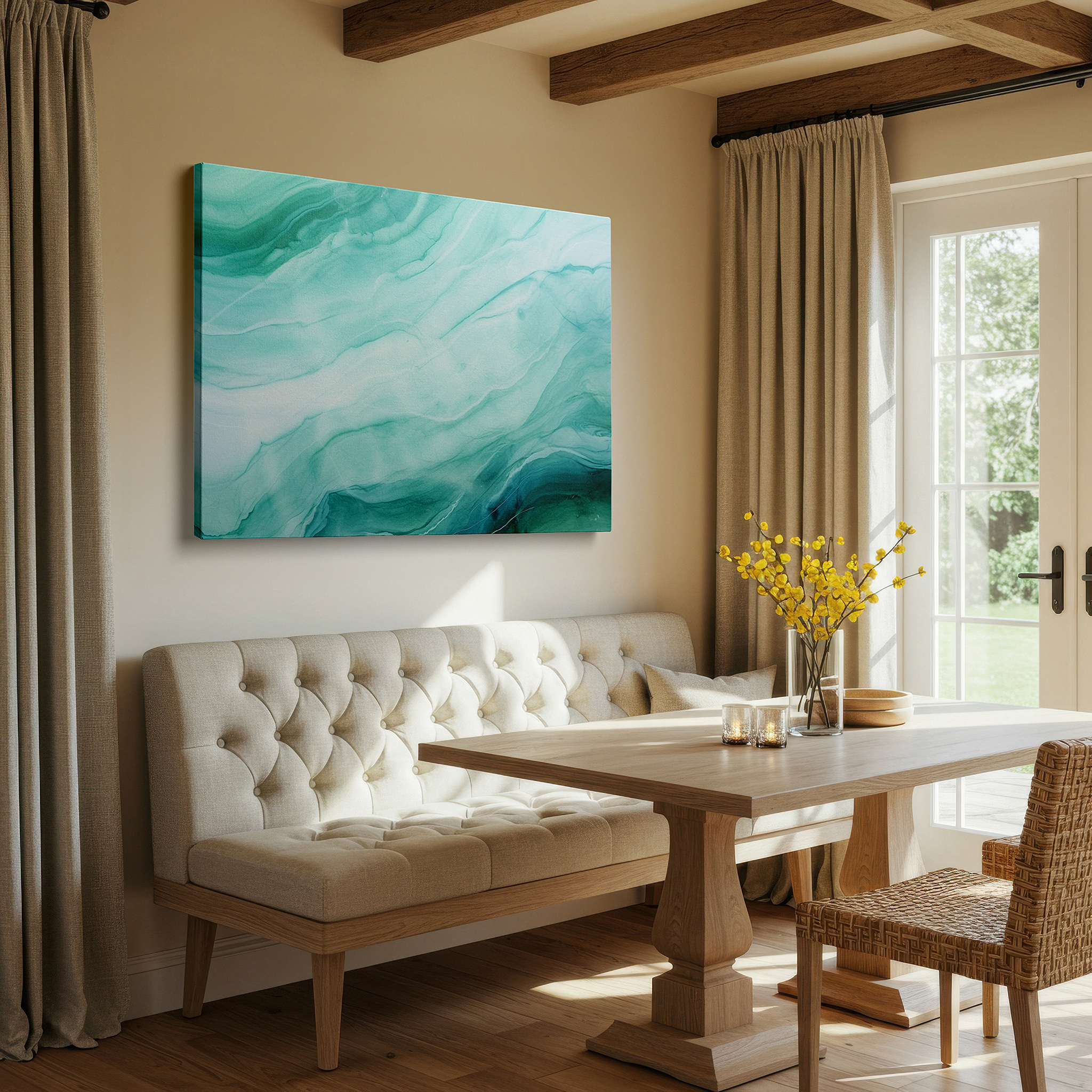 Perfectly sized at 45×30 cm for accenting shelves or narrow walls — fluid forms and bright hues: a ballet of greens and blues - large wall art, canvas wall art, wall decor for office and bedroom