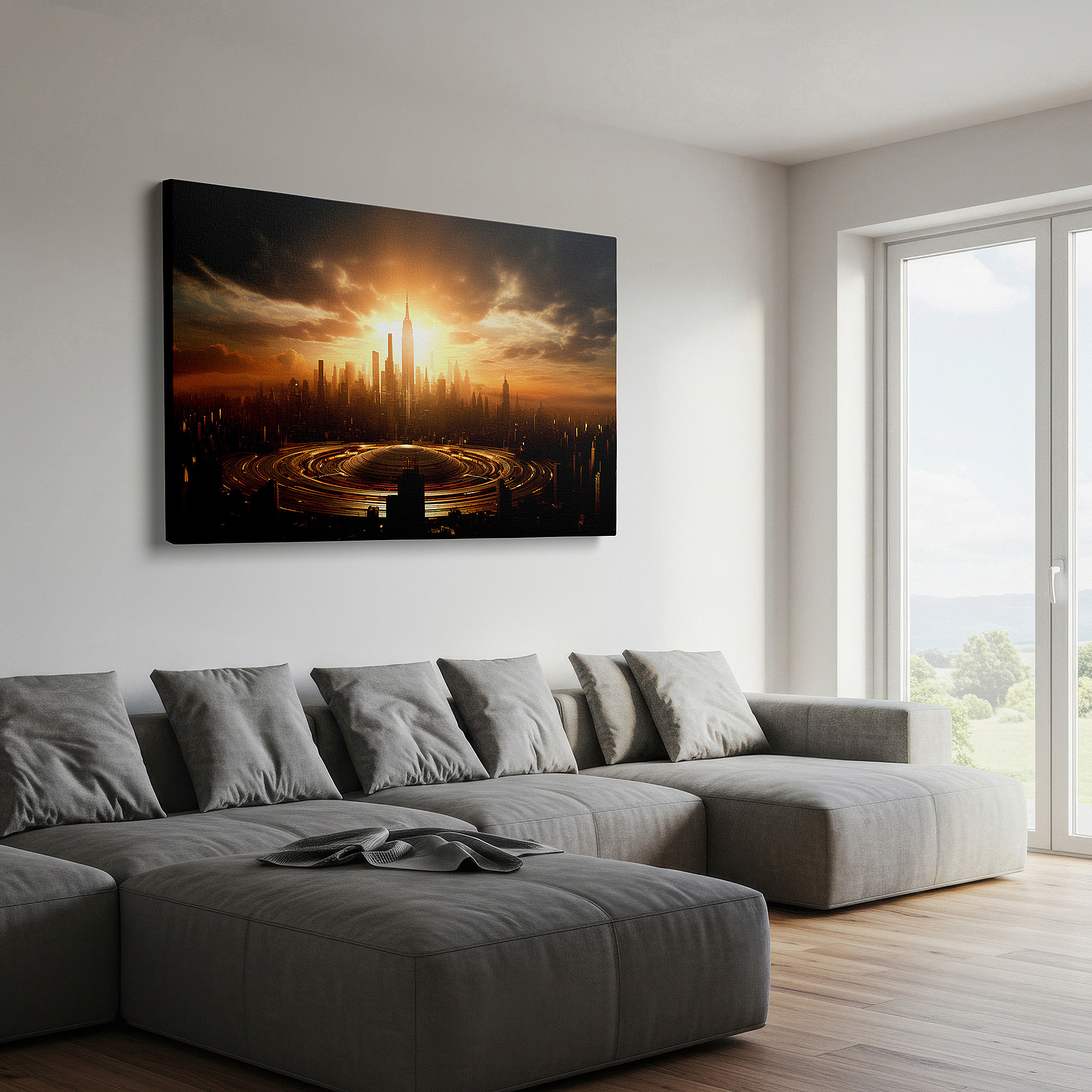 Perfectly sized at 45×30 cm for accenting shelves or narrow walls — futuristic cityscape at sunset: a canvas of innovation and progress - large wall art, canvas wall art, wall art decor, office wall art, bedroom wall art