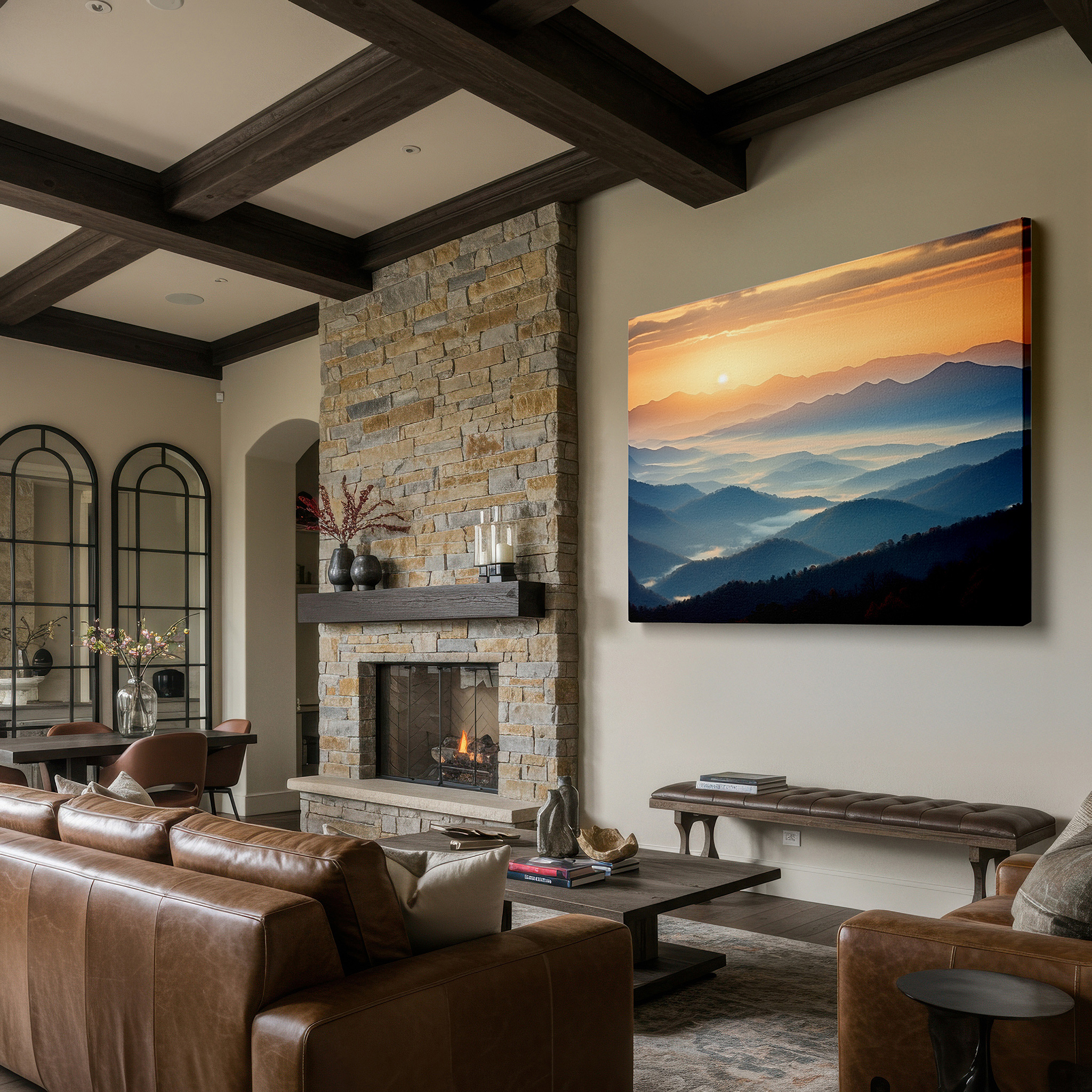 Perfectly sized at 45×30 cm for accenting shelves or narrow walls — golden sunrise and mist over layered peaks - large canvas wall art for office, bedroom, and living room decor