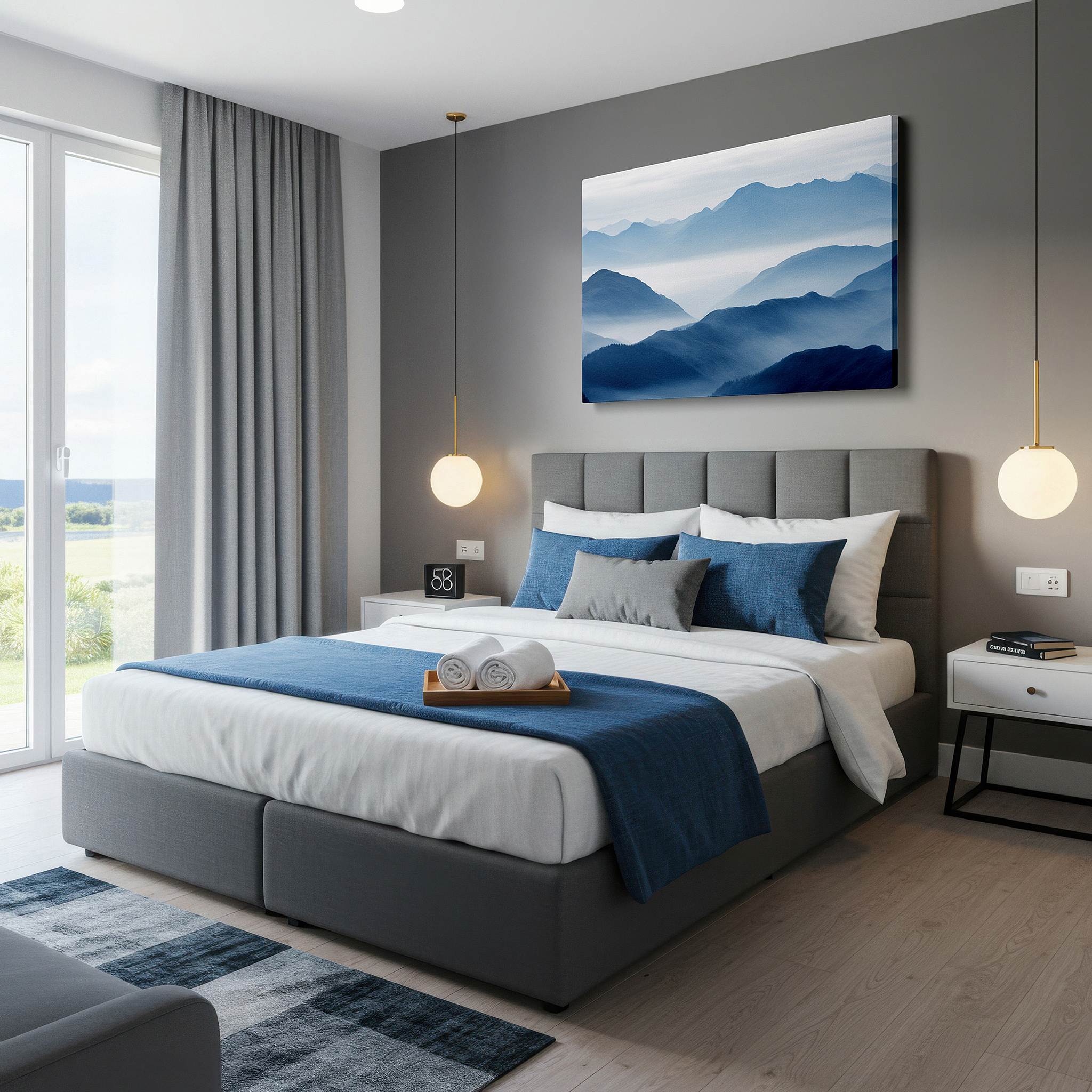 Perfectly sized at 45×30 cm for accenting shelves or narrow walls — misty mountain serenity: symphony of blue hues large canvas wall art for office, bedroom, and living room decor