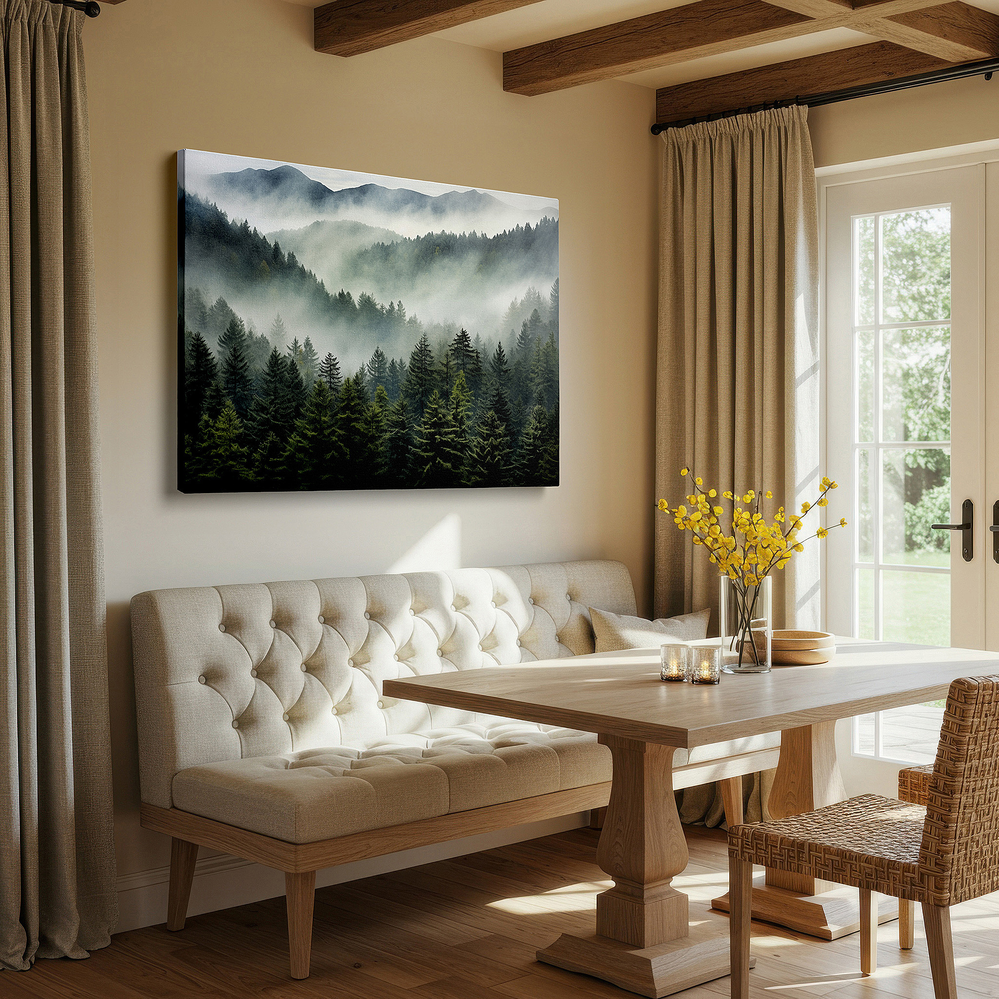 Perfectly sized at 45×30 cm for accenting shelves or narrow walls — misty mountains shrouded in ethereal fog - tranquil, mysterious landscape large wall art, canvas wall art, wall decor for office