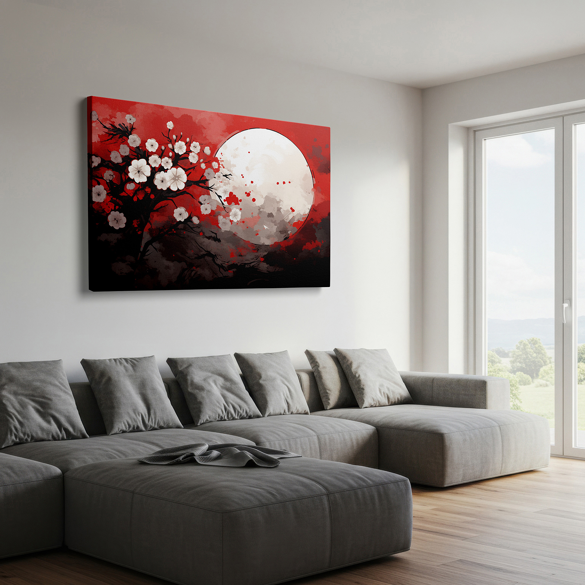 Perfectly sized at 45×30 cm for accenting shelves or narrow walls — moonlit cherry blossoms on a striking red background large canvas wall art, office decor