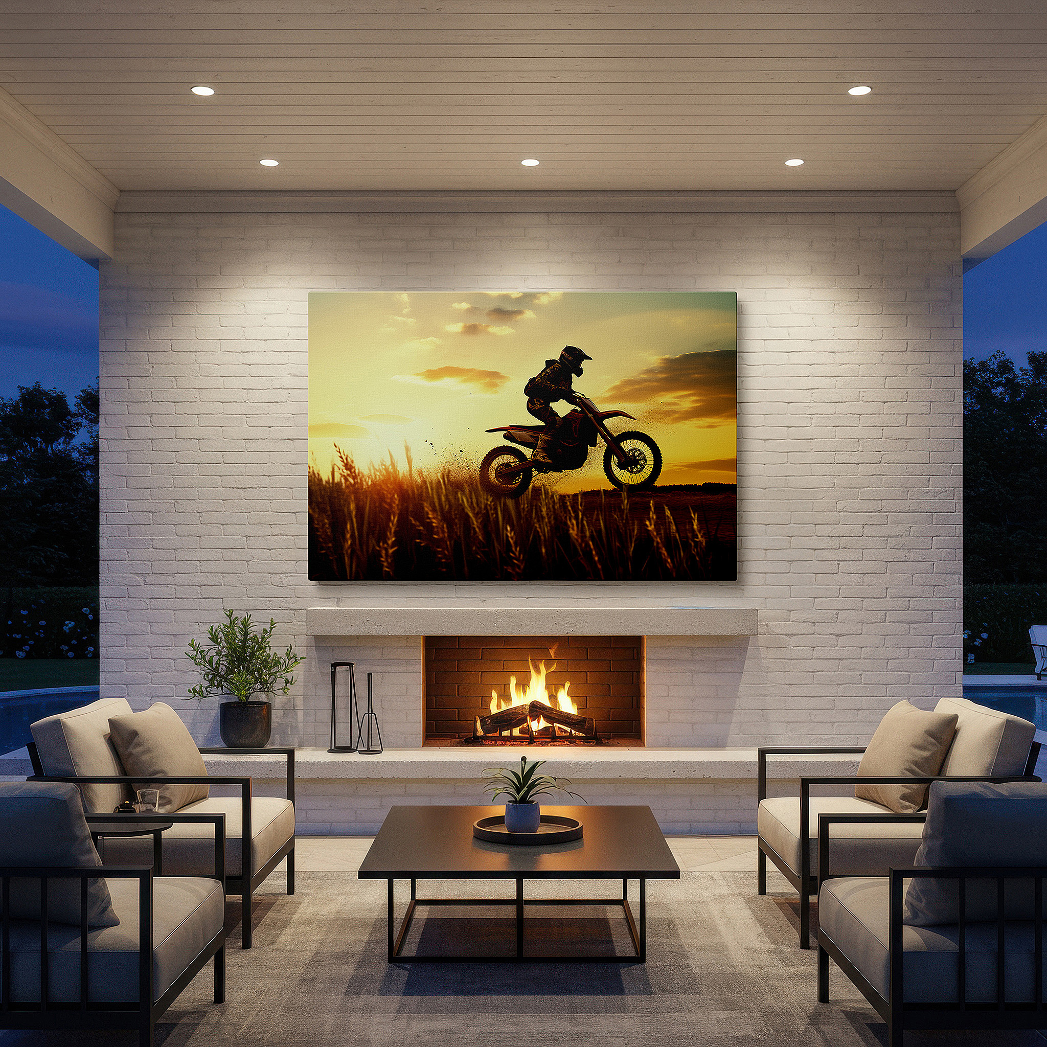 Perfectly sized at 45×30 cm for accenting shelves or narrow walls — motocross magic at sunset over golden wheat field: large canvas wall art for office, bedroom, and living room decor