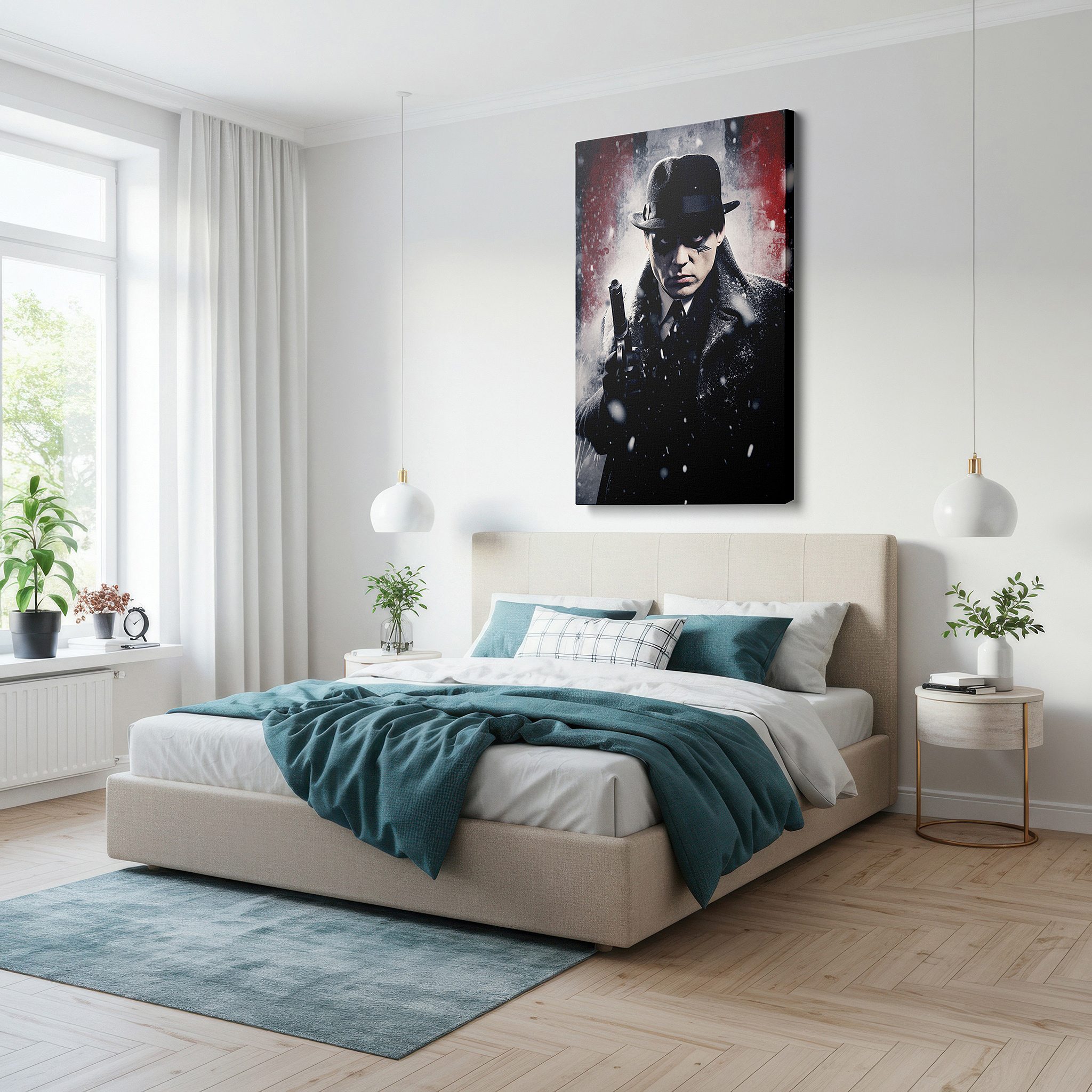 Perfectly sized at 45×30 cm for accenting shelves or narrow walls — mysterious dark figure in snow: a captivating story of intrigue and suspense - large canvas wall art for home and office decor
