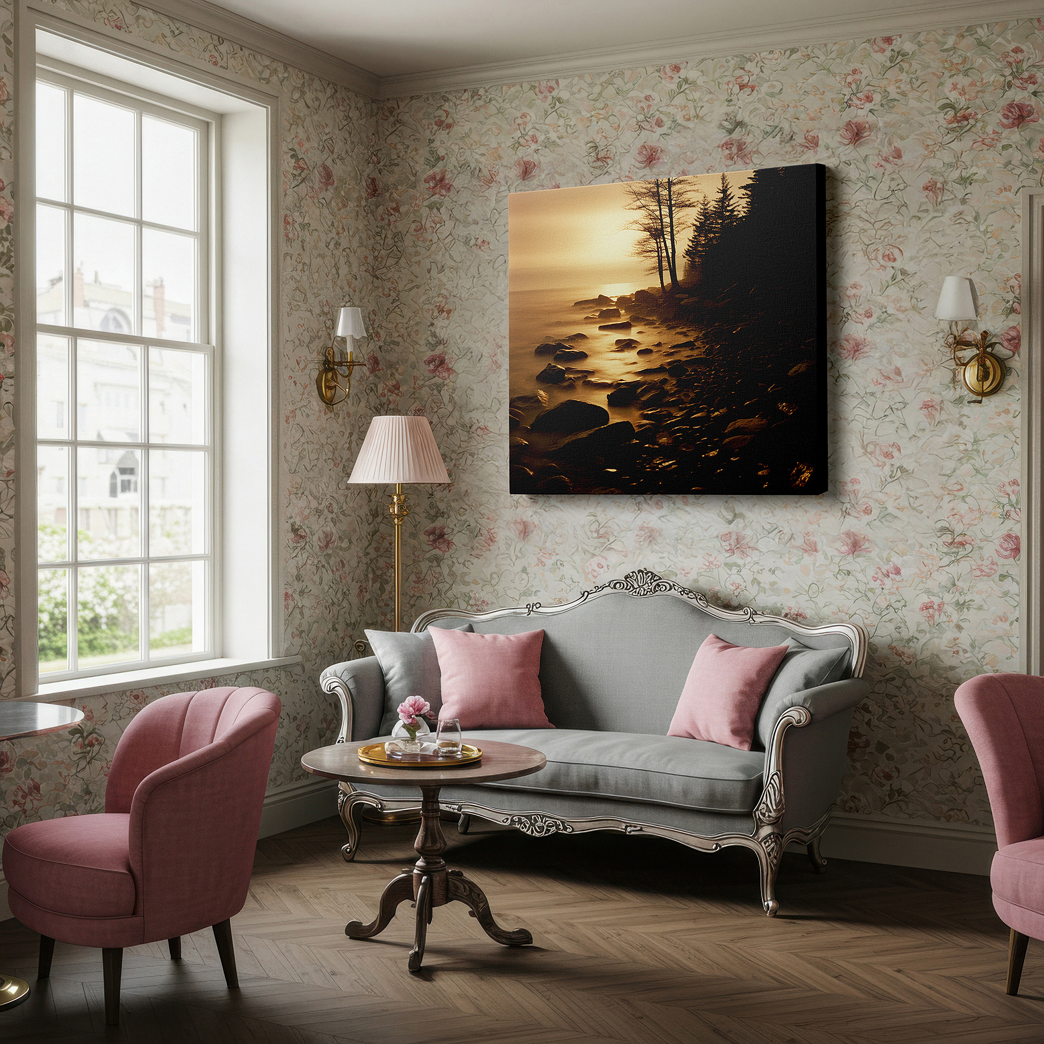 Perfectly sized at 45×30 cm for accenting shelves or narrow walls — mystical shoreline at dusk: tranquil light and shadow interplay - large wall art, canvas, decor for office and bedroom
