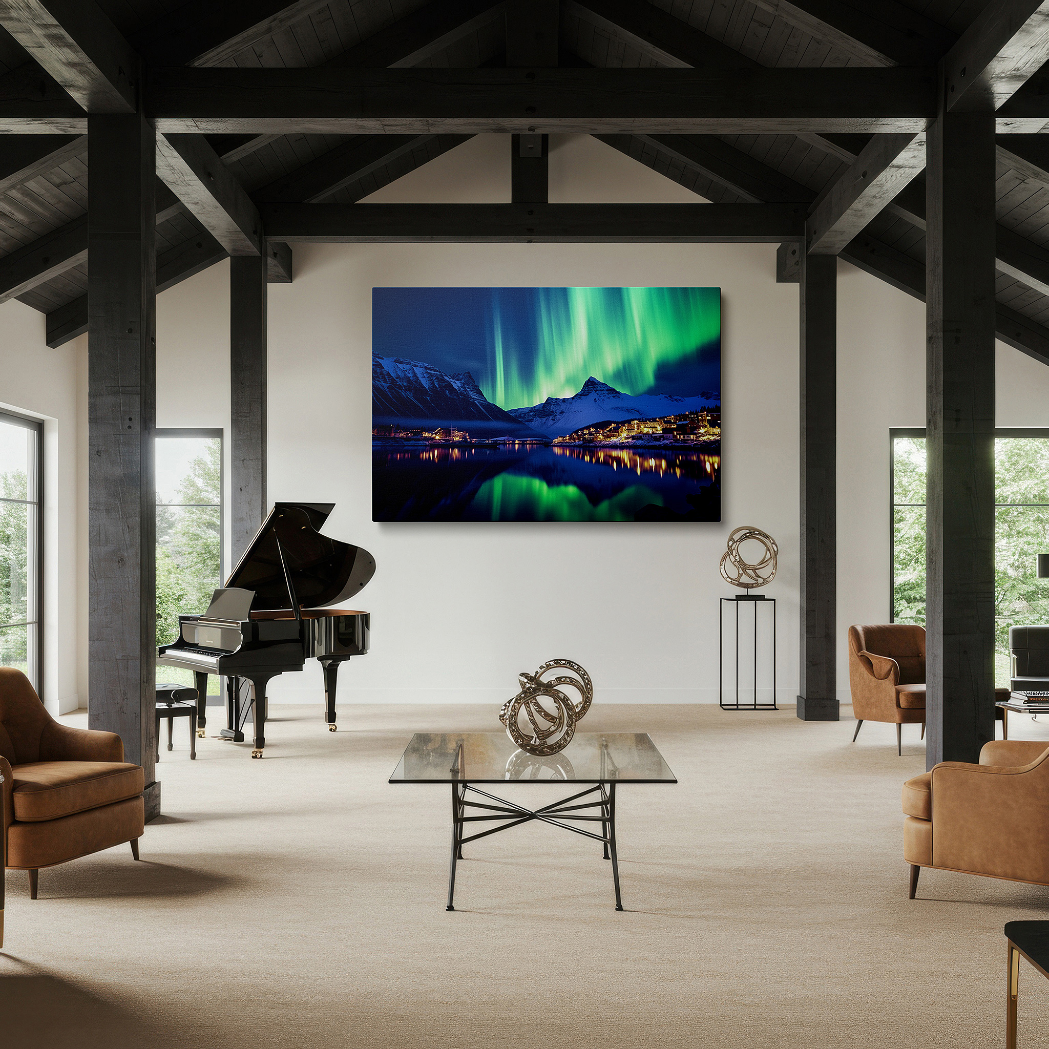 Perfectly sized at 45×30 cm for accenting shelves or narrow walls — northern lights above peaceful coastal town, captivating night sky large wall art, canvas wall art, wall decor for office and bedroom